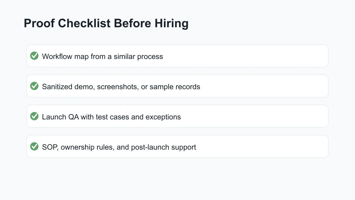 AI automation agency proof checklist showing examples, testing, SOP, and support