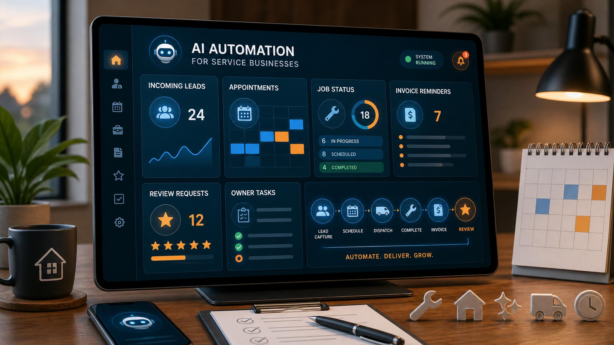 Service business AI automation dashboard showing leads, scheduling, invoicing, follow-up, reviews, and owner tasks