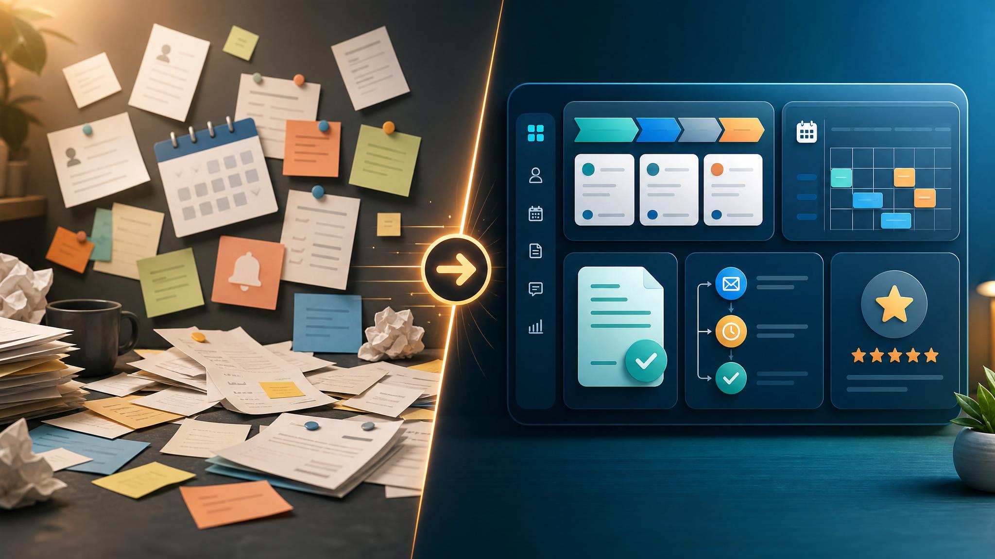 Service business AI automation dashboard showing leads, scheduling, invoicing, follow-up, reviews, and owner tasks practical implementation visual