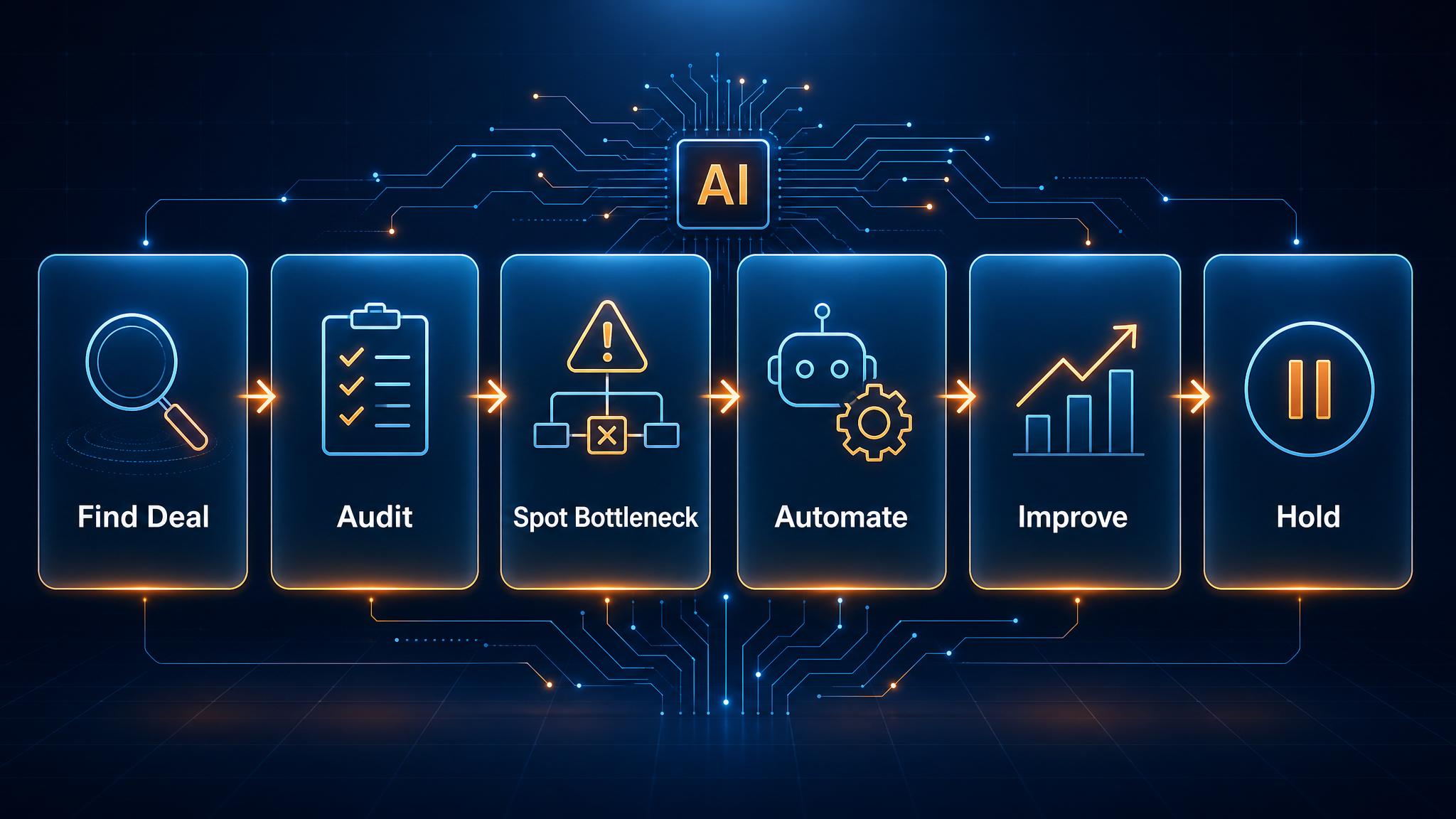 AI business acquisition dashboard showing deal pipeline, revenue, risk, automation opportunity, bottlenecks, and post-acquisition improvements workflow visual