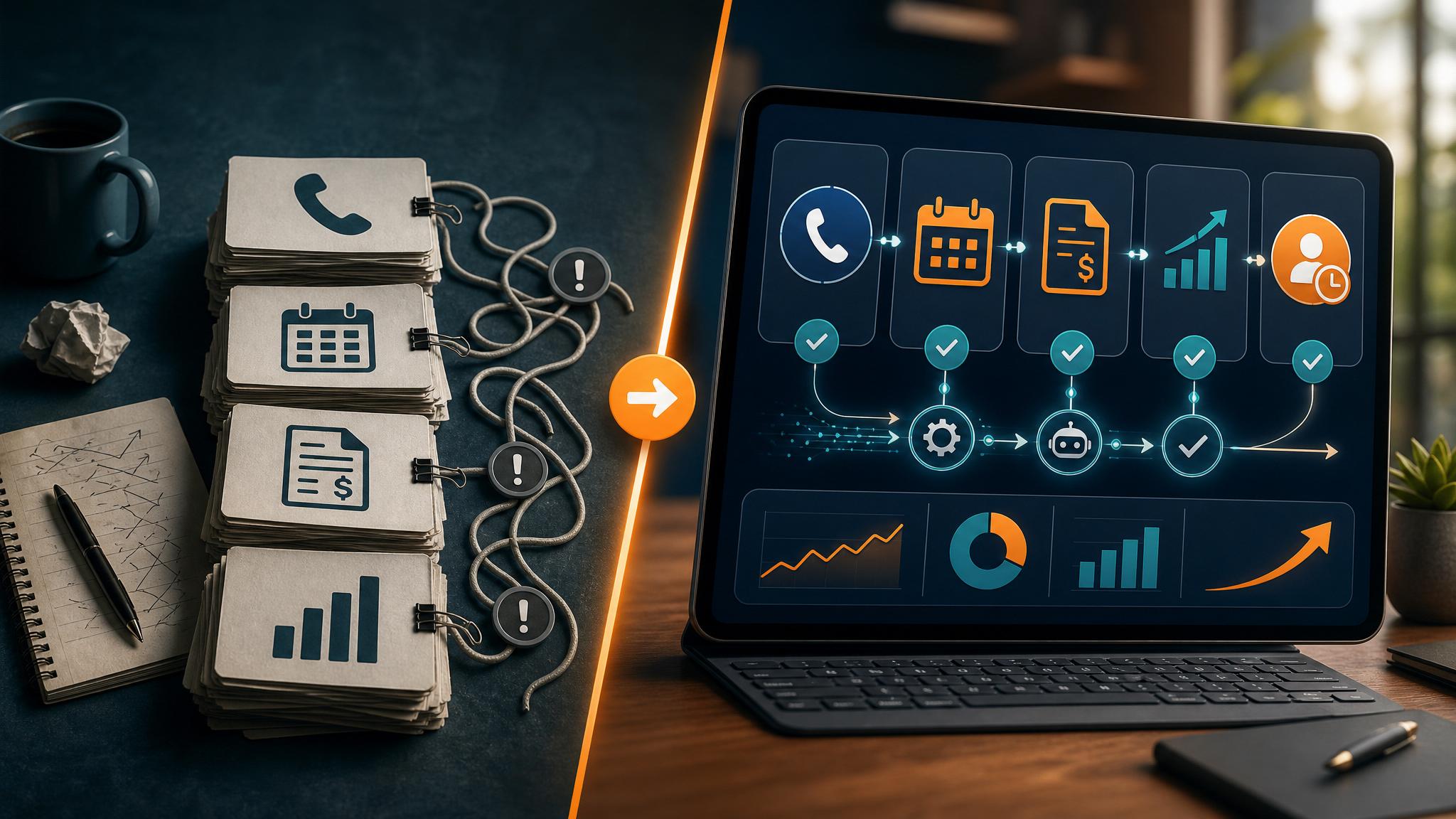 AI business acquisition dashboard showing deal pipeline, revenue, risk, automation opportunity, bottlenecks, and post-acquisition improvements practical implementation visual