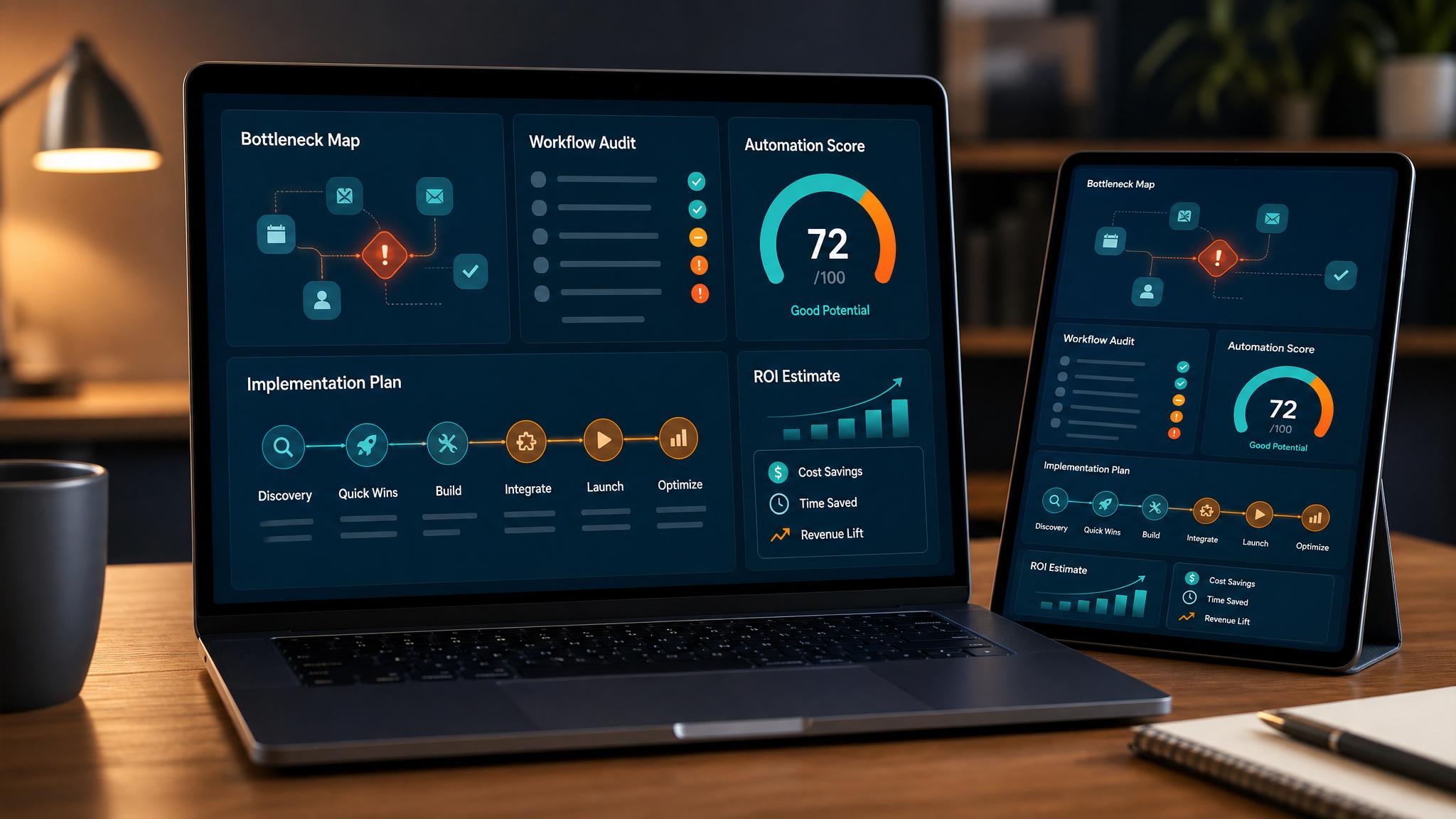 AI consulting dashboard for small business showing bottleneck audit, workflow map, implementation plan, and ROI estimate