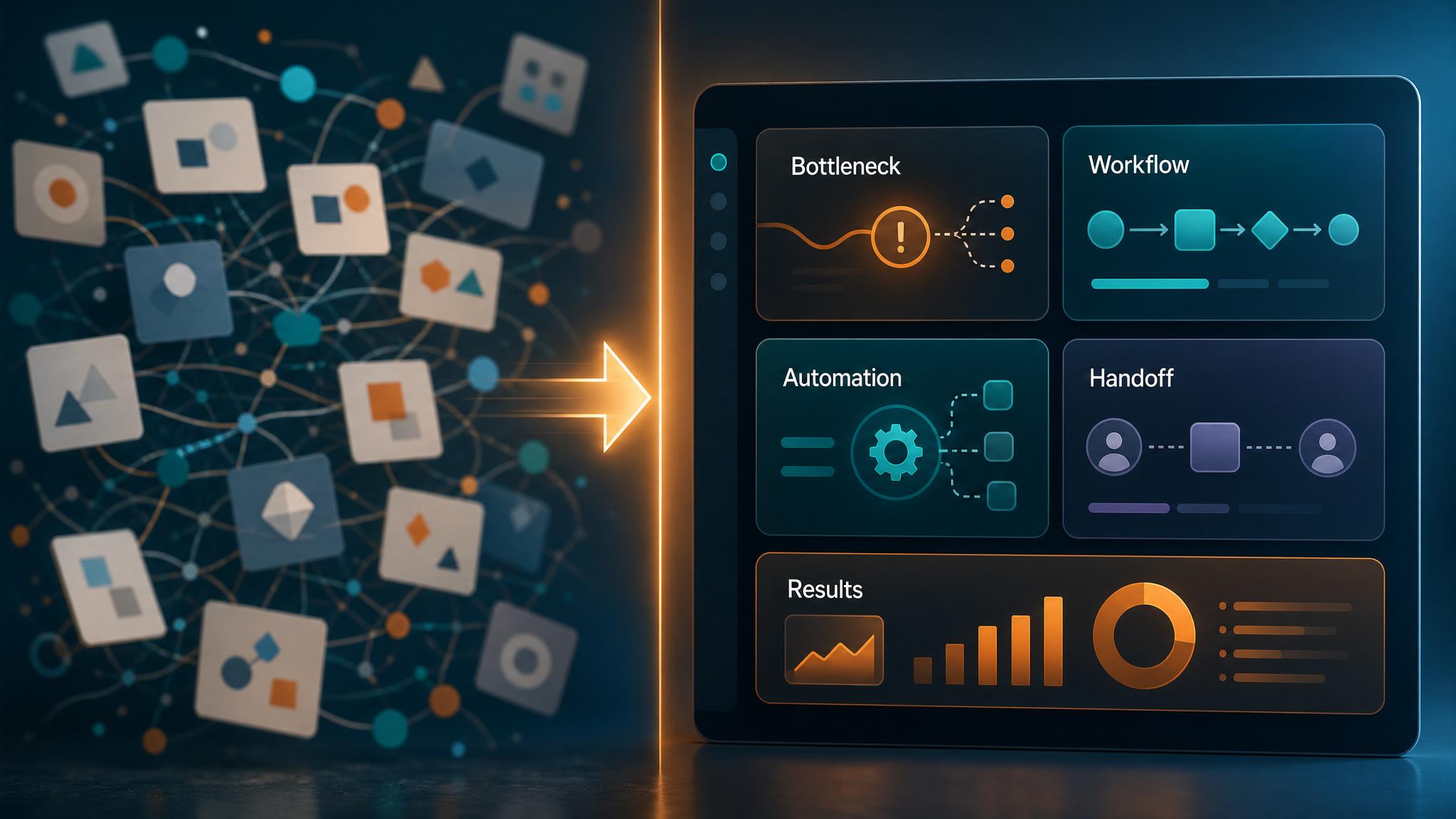 AI consulting dashboard for small business showing bottleneck audit, workflow map, implementation plan, and ROI estimate practical implementation visual