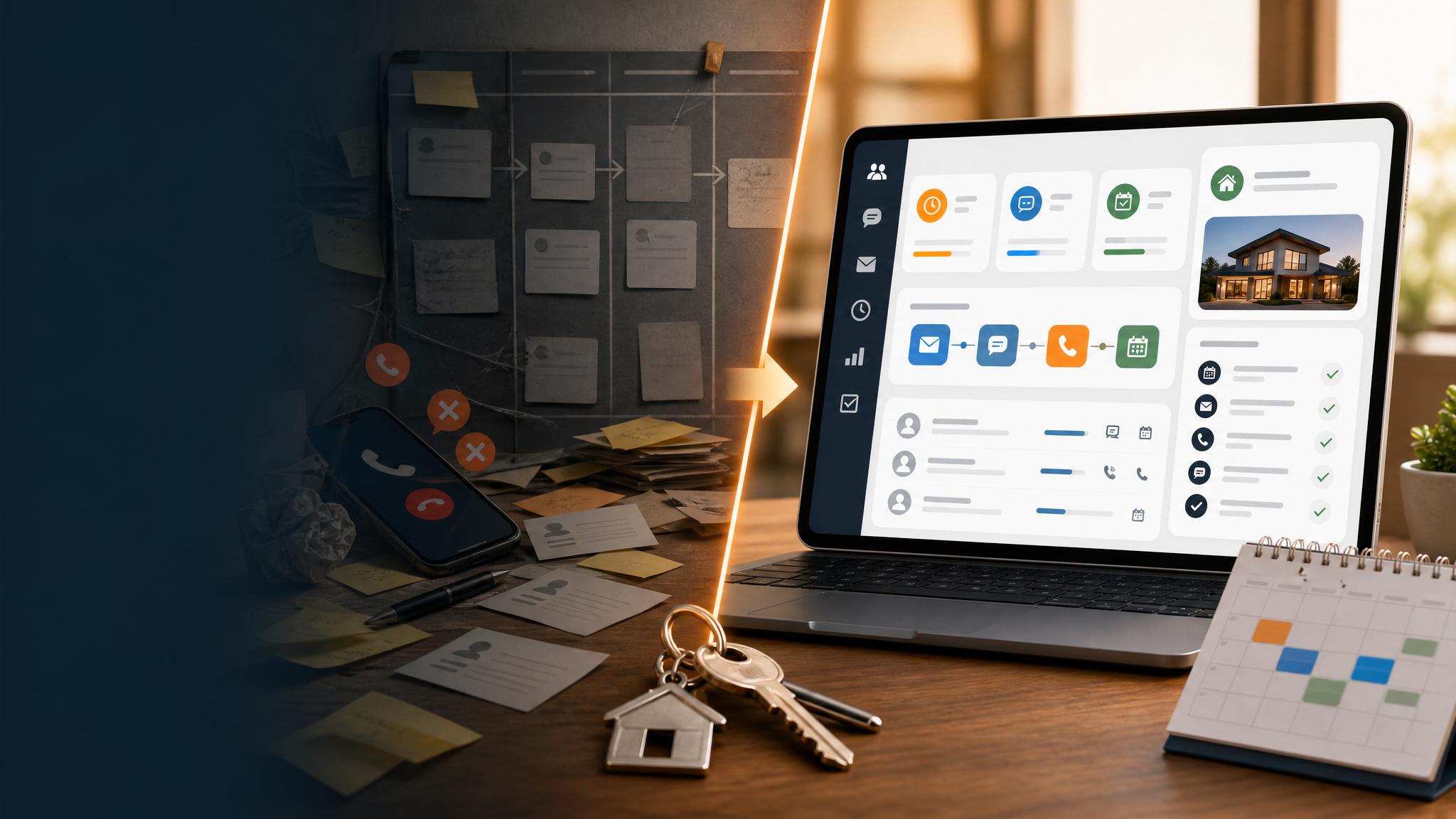 Before and after view of real estate leads moving from missed follow-ups to an organized AI pipeline