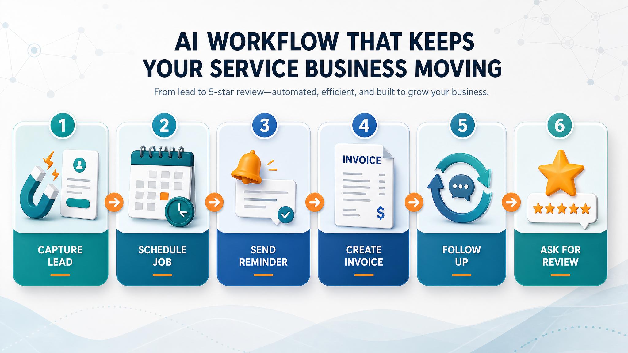 Local service business automation workflow from lead capture to scheduling, invoicing, follow-up, and reviews