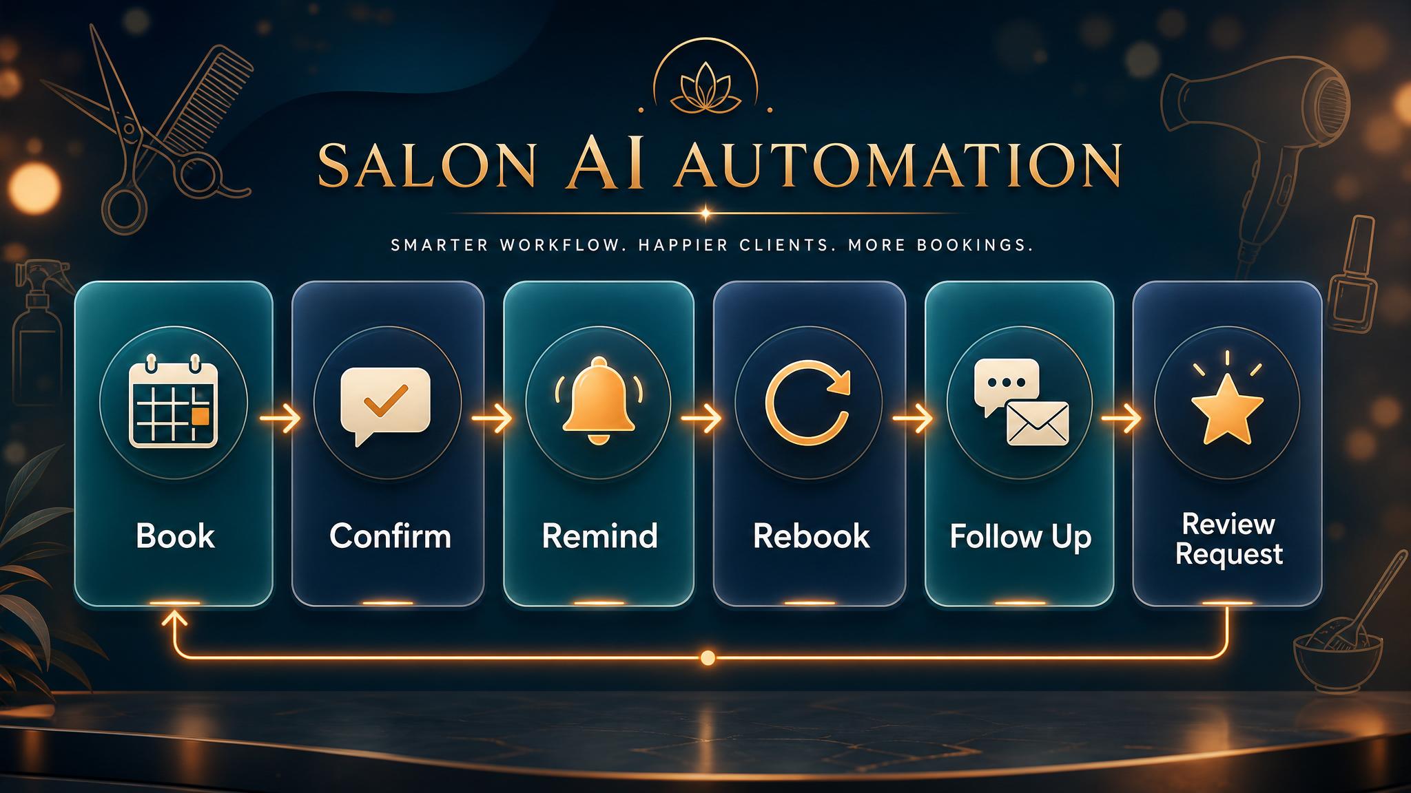 Salon automation workflow from booking to reminder, rebooking, follow-up, and review request