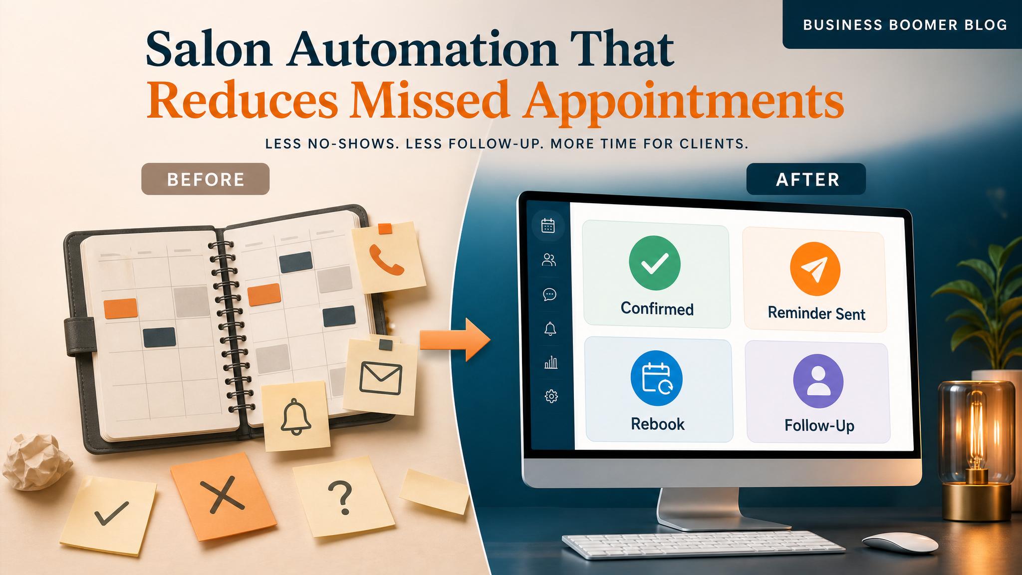 Before and after view of salon appointment notes organized into an automation dashboard