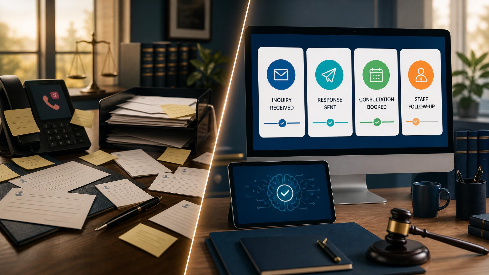 Before and after view of law firm inquiries organized by an AI intake dashboard