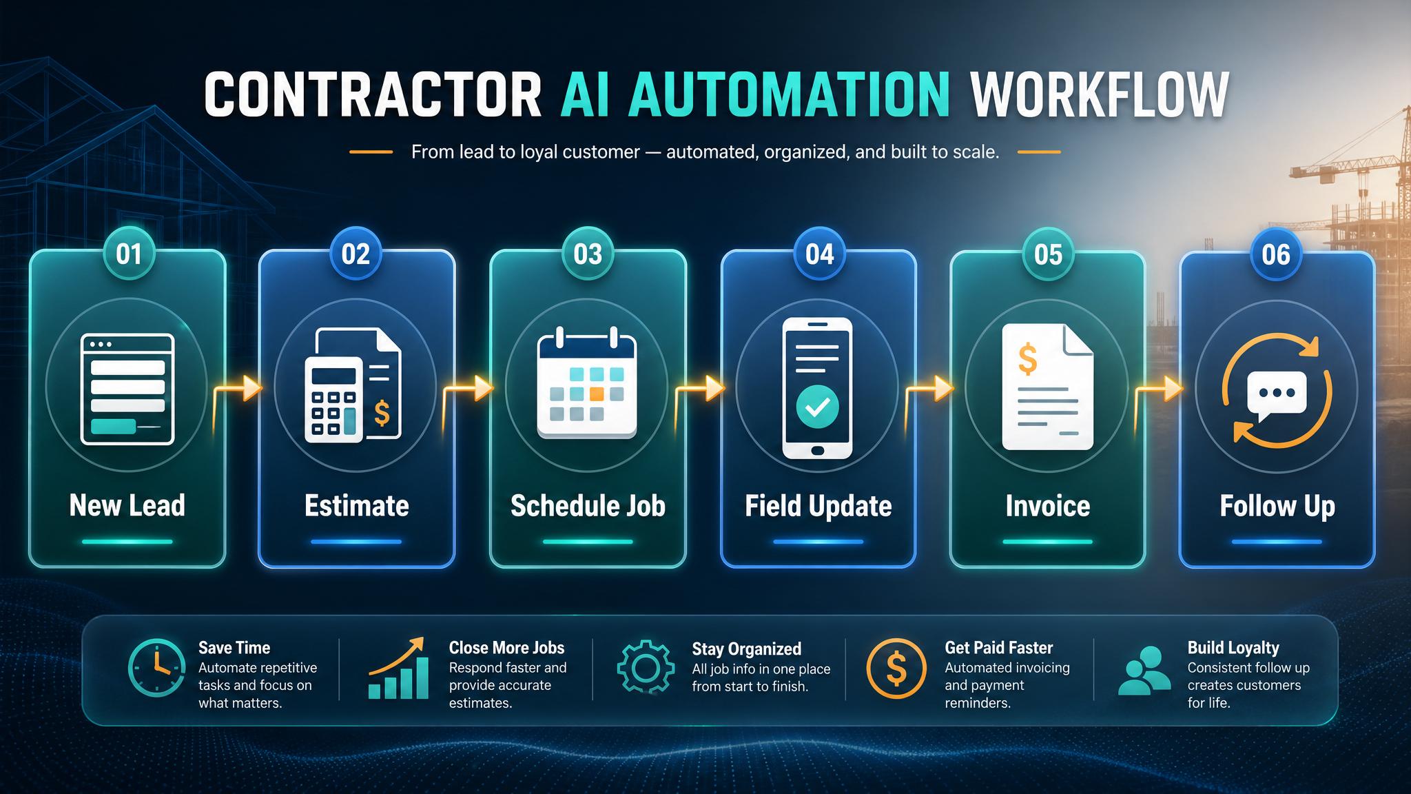 Contractor AI automation dashboard showing leads, estimates, scheduling, field updates, invoicing, and customer follow-up workflow visual