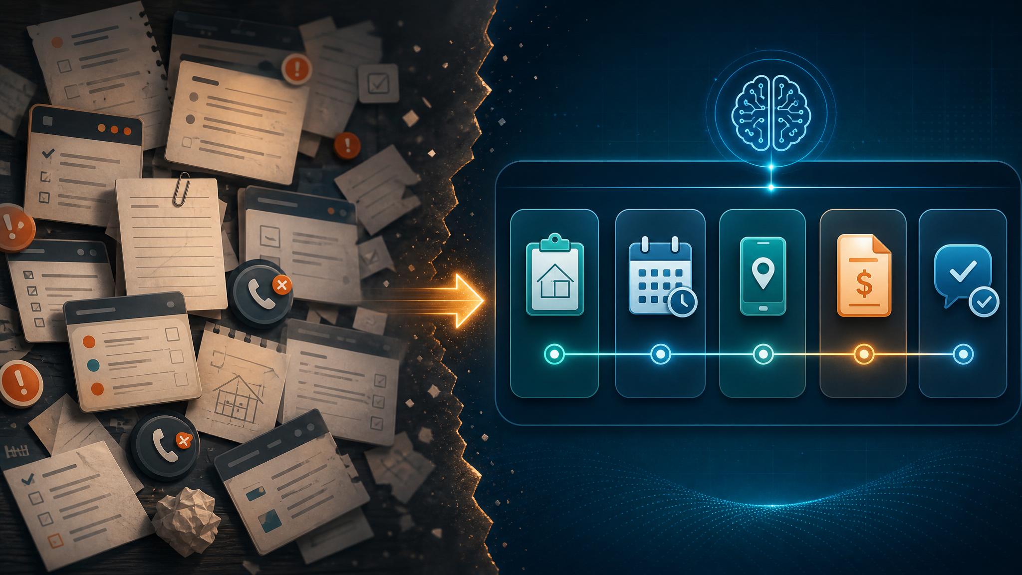 Contractor AI automation dashboard showing leads, estimates, scheduling, field updates, invoicing, and customer follow-up practical implementation visual