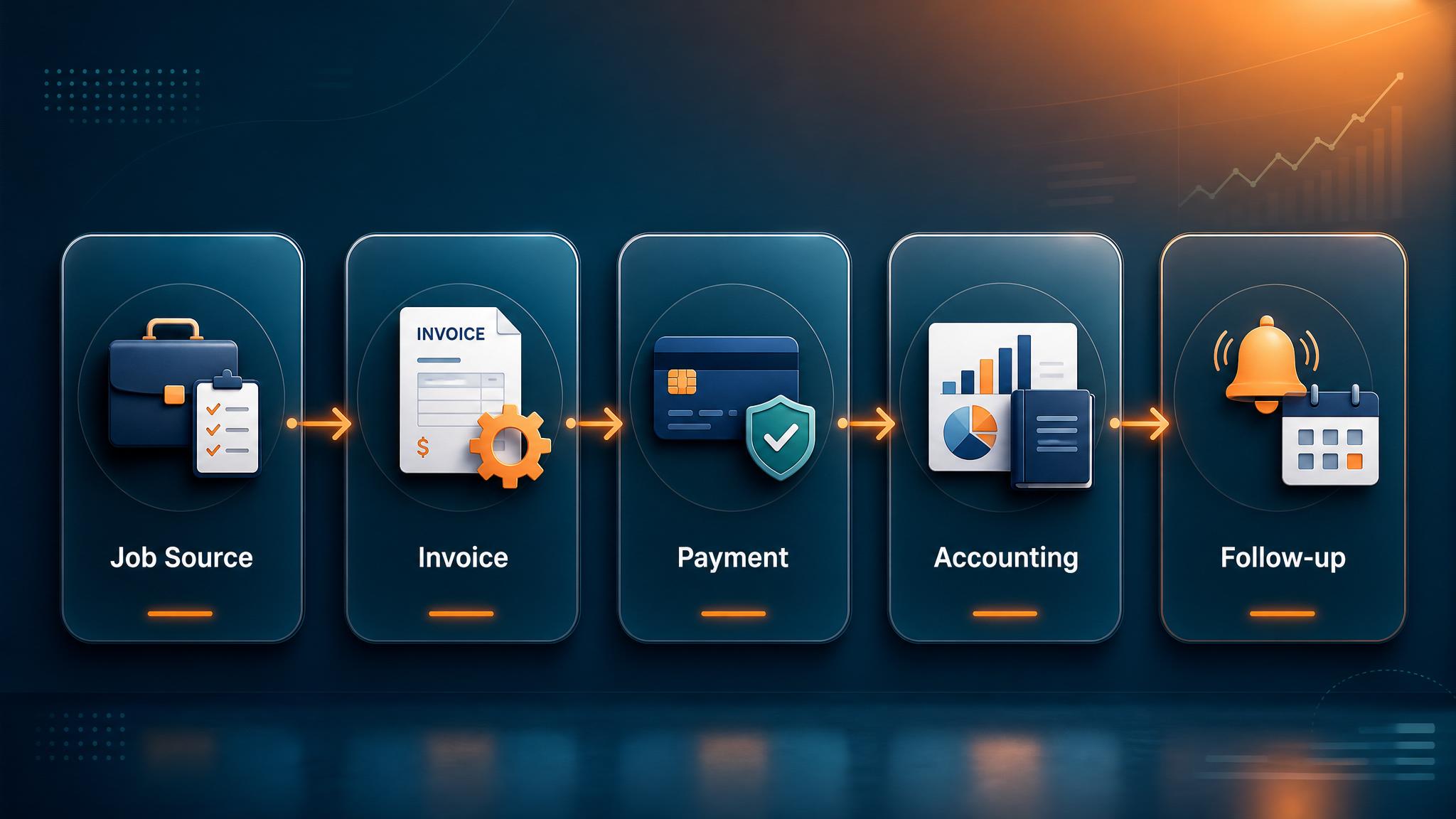 Invoicing automation tool stack workflow from job system to payment and accounting dashboard