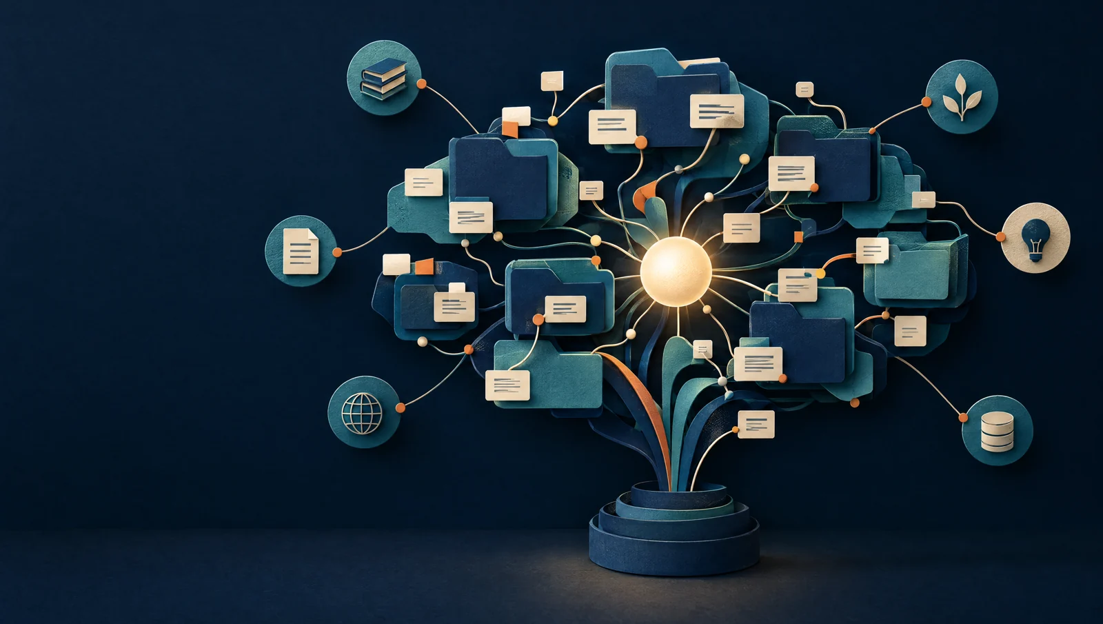Connected project folders arranged as a searchable knowledge tree