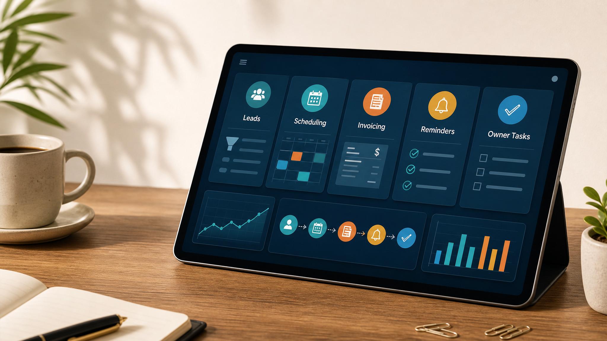 Small business automation command center showing leads, scheduling, invoicing, reminders, and owner tasks