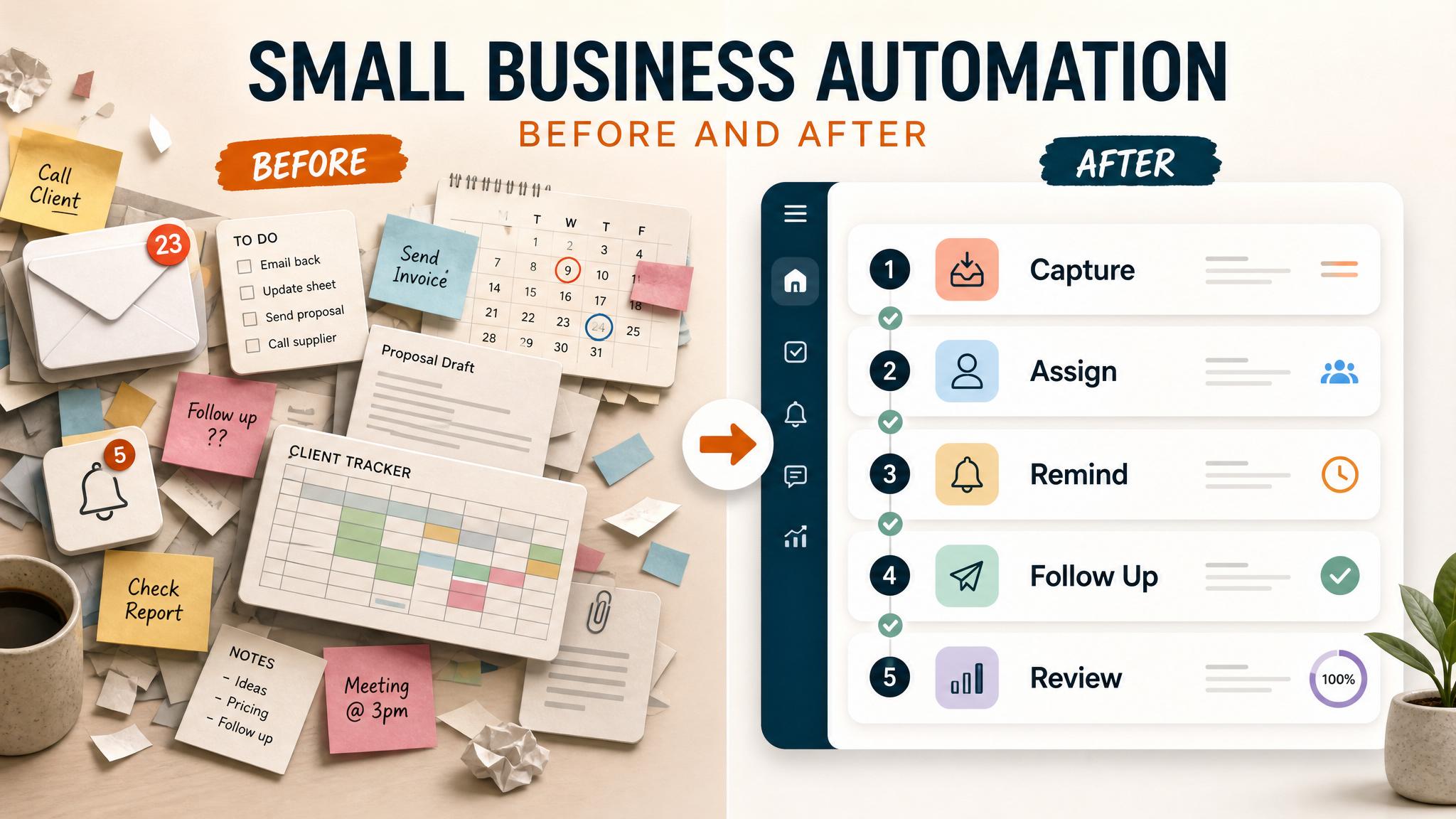 Before and after view of scattered small business tasks organized into an automation workflow dashboard