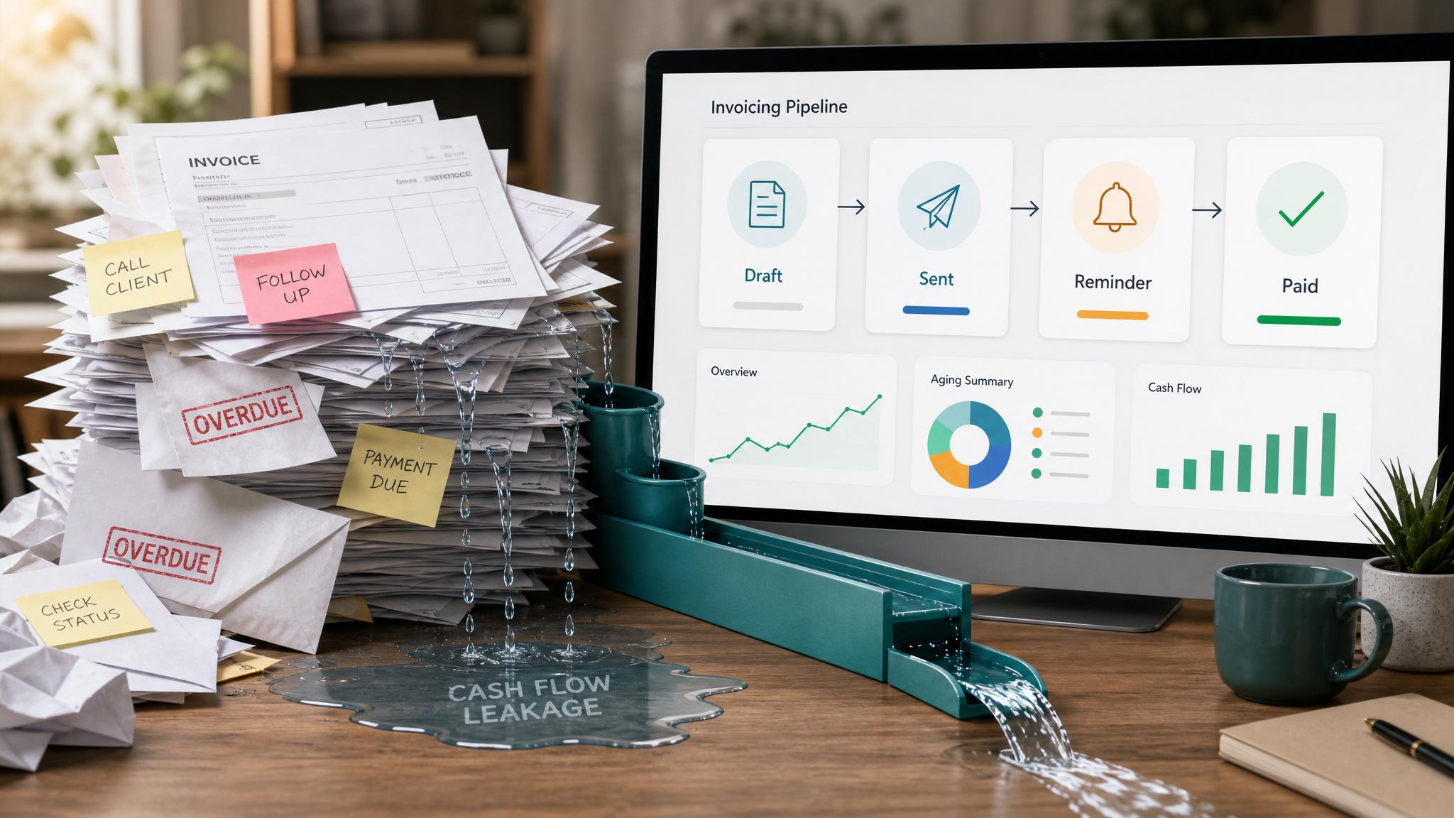 Manual invoicing paperwork compared with an automated invoice pipeline