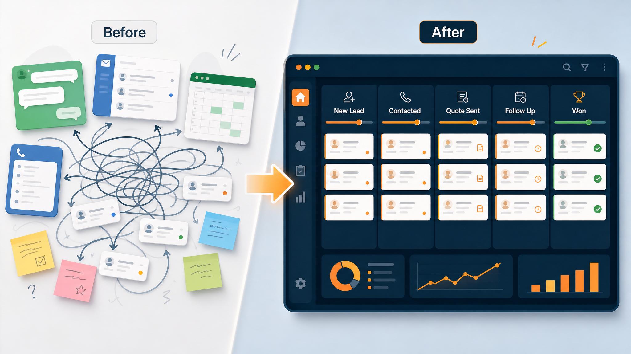 Before and after view of scattered small business leads organized into a CRM pipeline