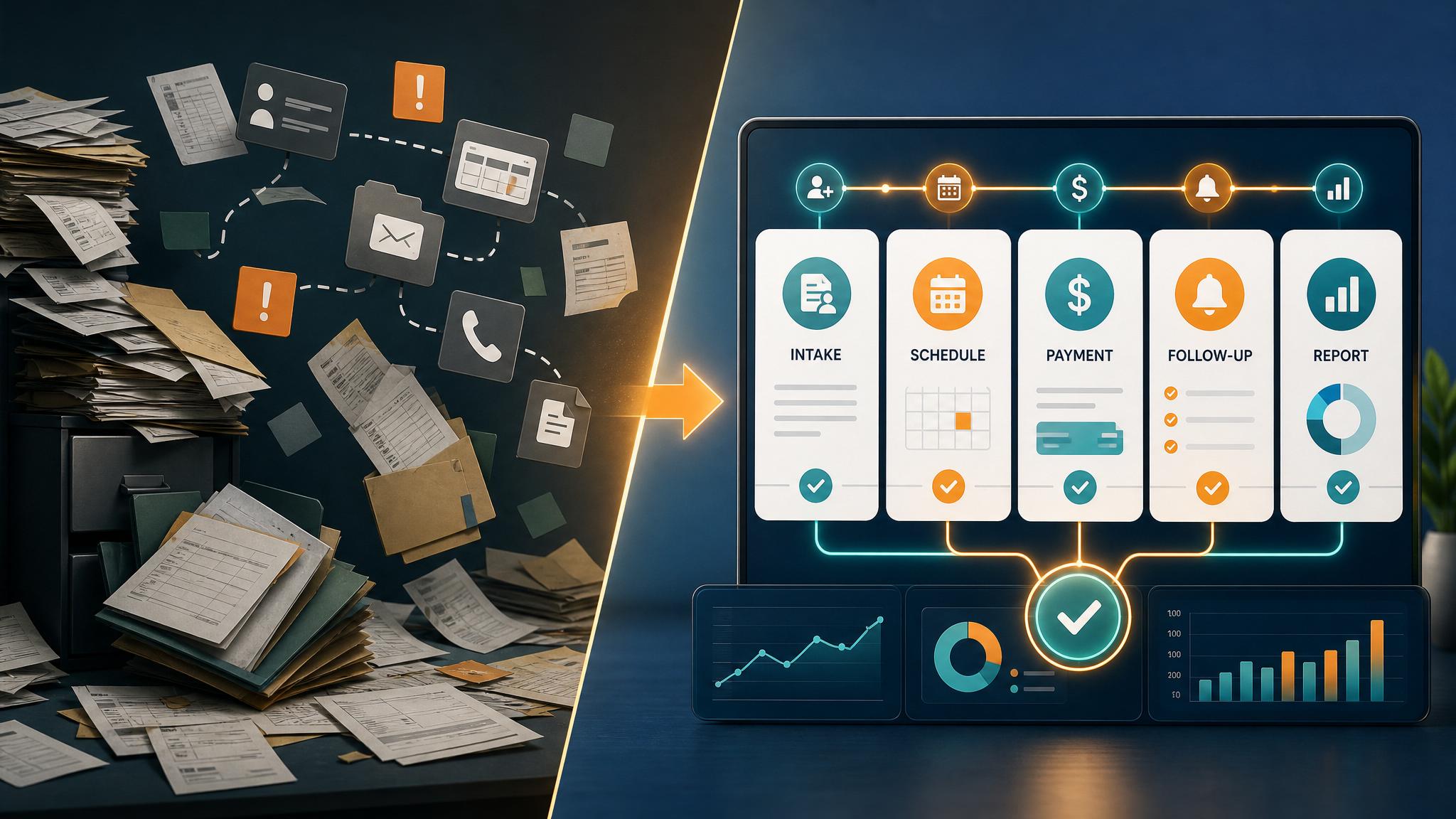 Small business digital transformation dashboard showing intake, scheduling, payments, automation, training, and reporting practical implementation visual
