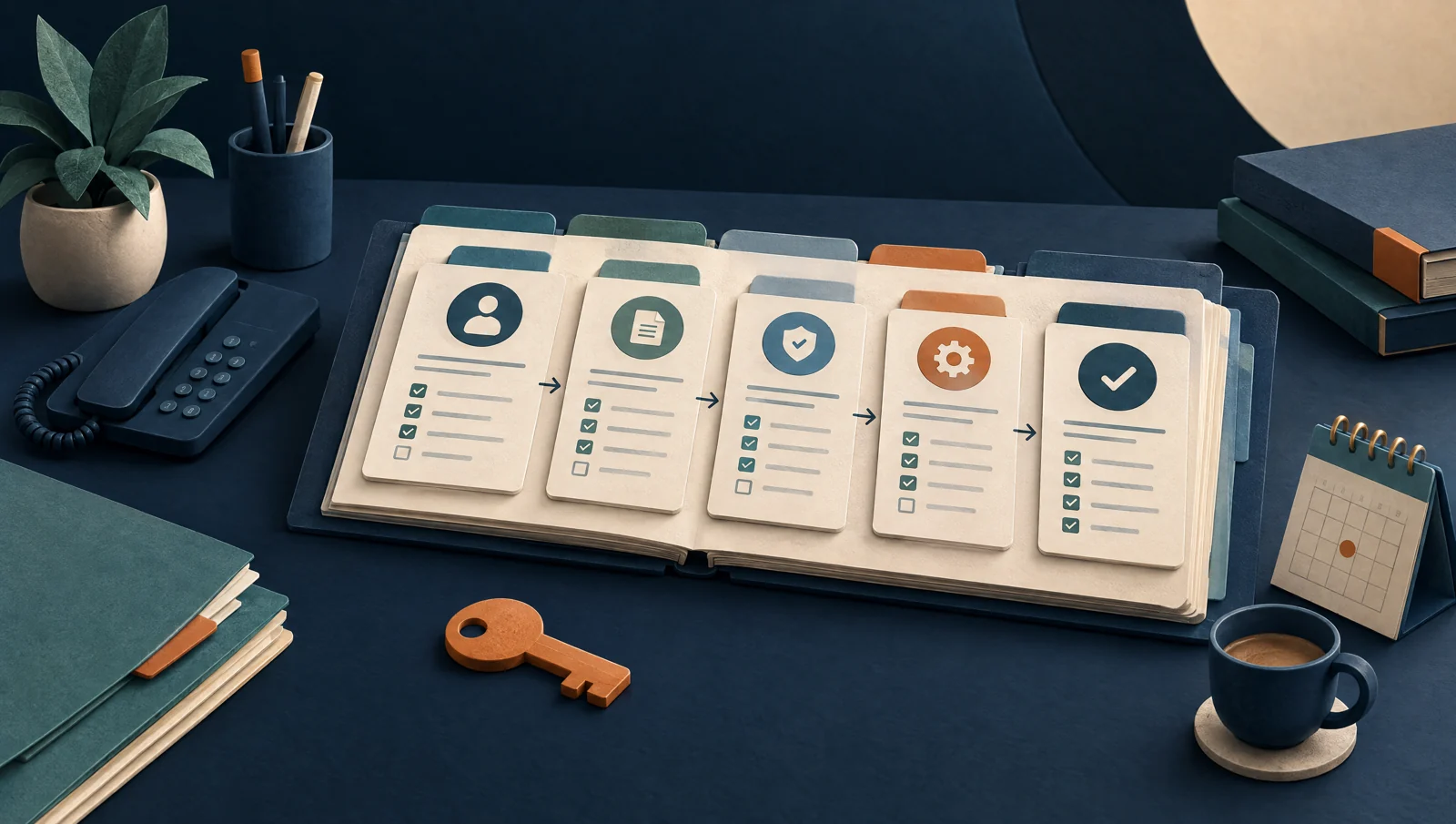Tabbed client workbook with checklist cards, a telephone and access key