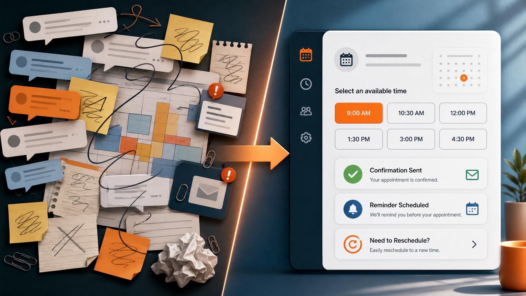 Before and after view of scheduling messages organized into an automated booking dashboard