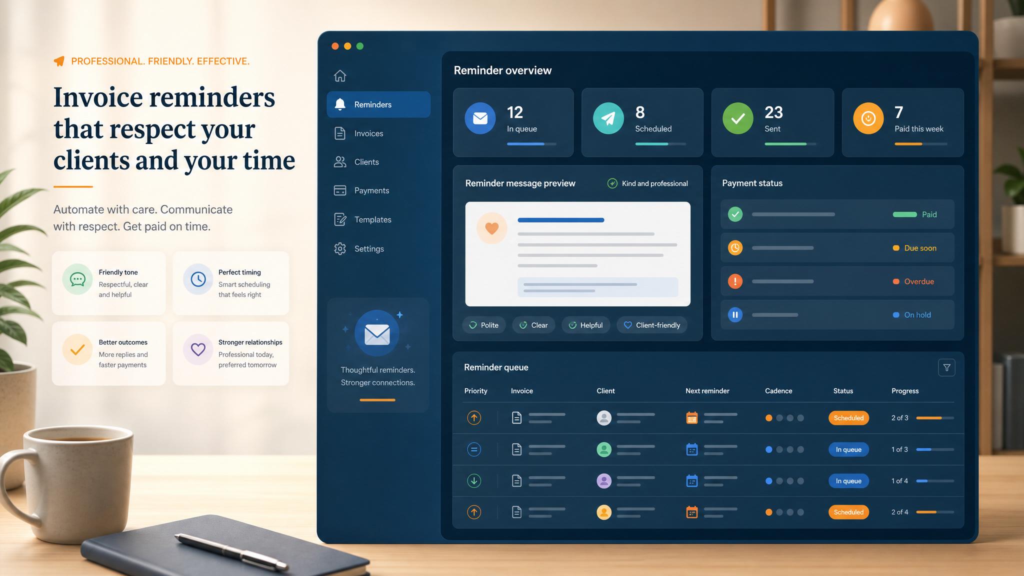 Professional invoice reminder queue showing clear payment status and customer-friendly message cards