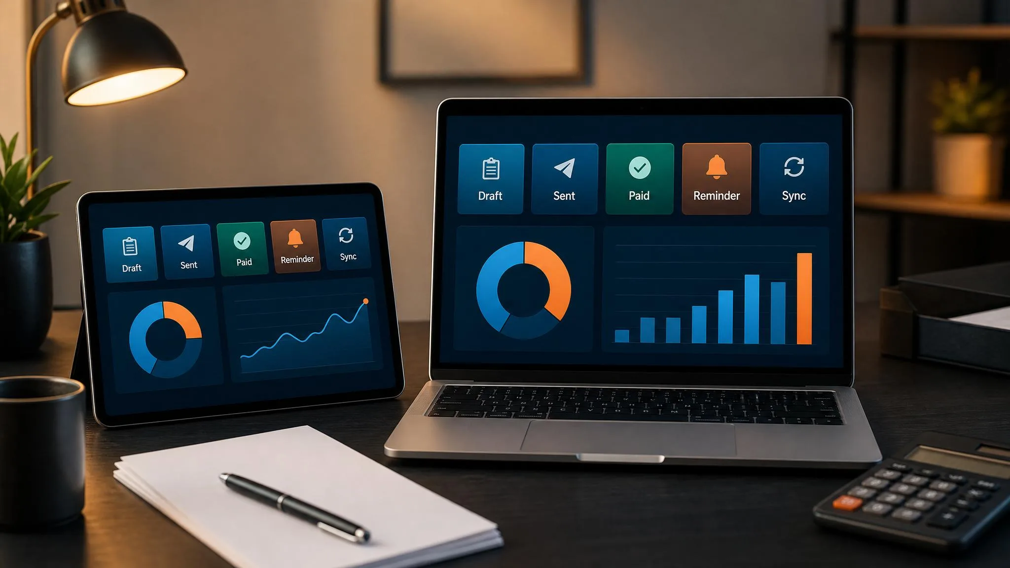 Small business invoicing automation dashboard showing invoice creation, sending, reminders, payment status, and accounting sync