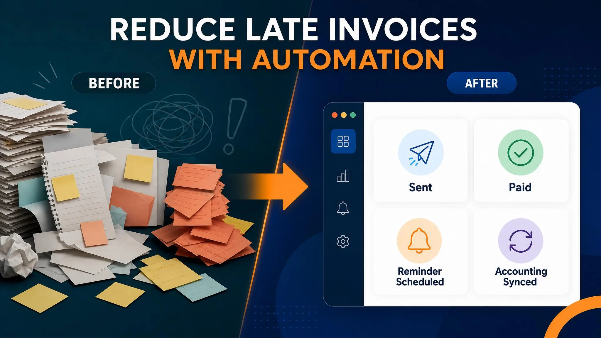 Small business invoicing automation dashboard showing invoice creation, sending, reminders, payment status, and accounting sync practical implementation visual