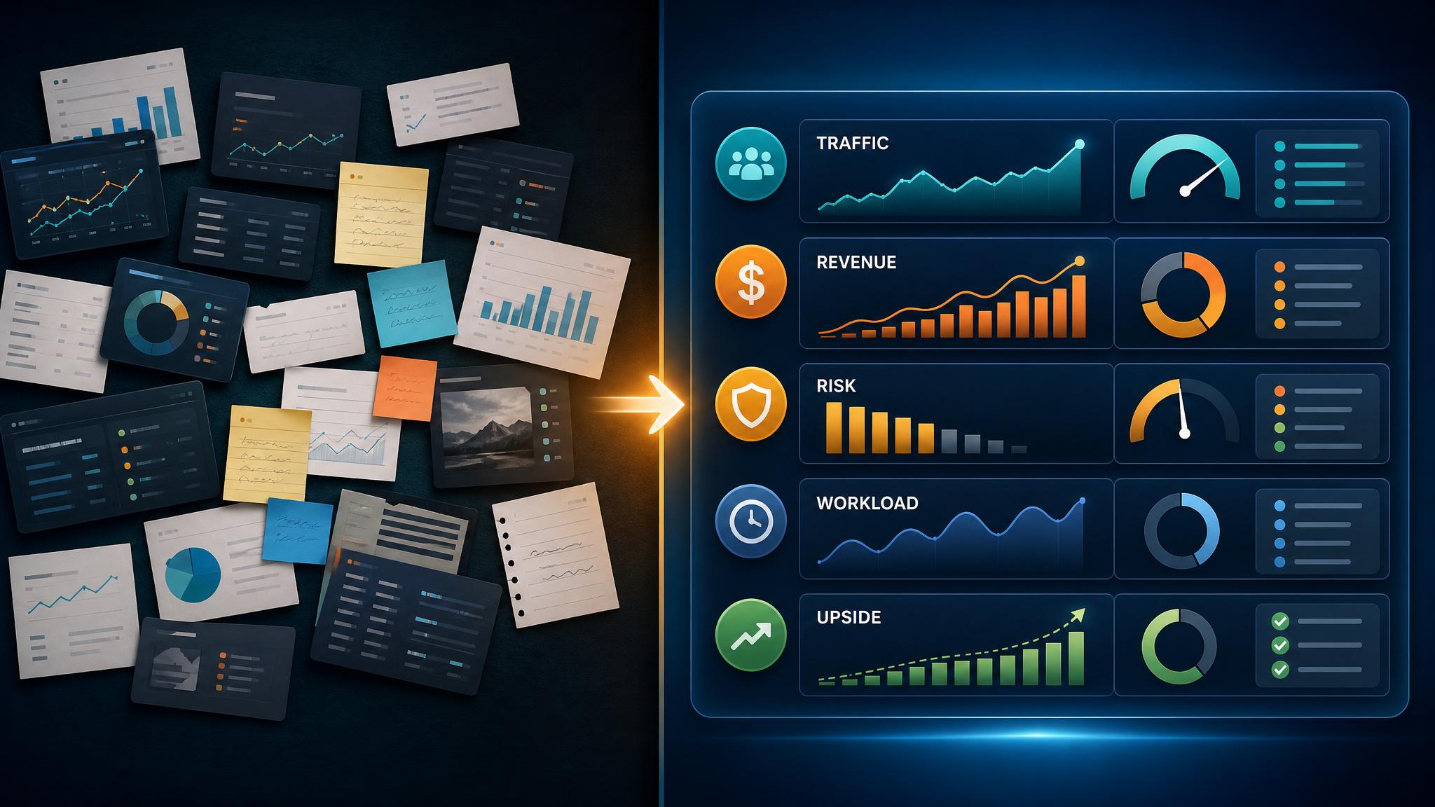 Online business evaluation dashboard showing traffic, revenue, margins, operations, risks, and growth upside practical implementation visual
