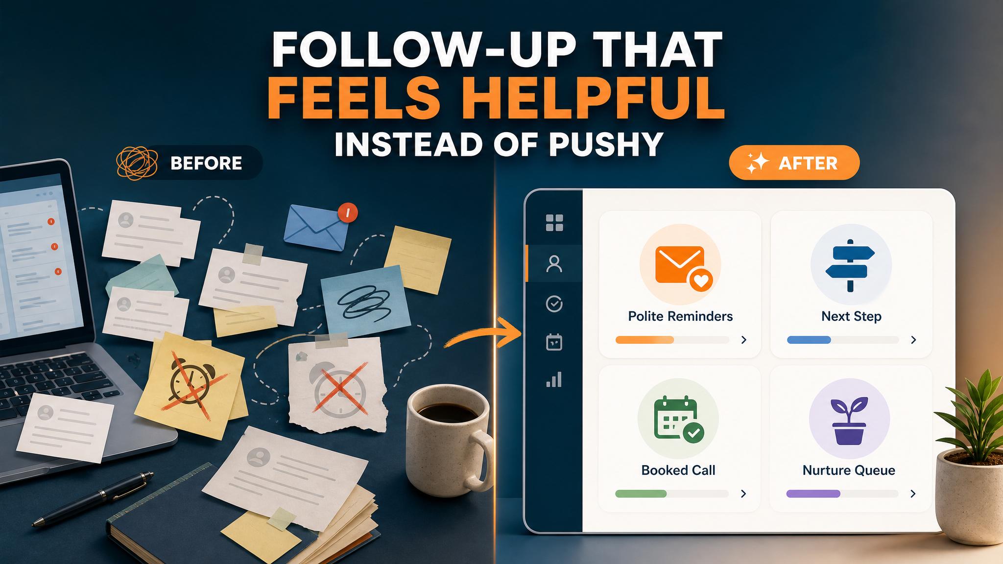 Small business lead follow-up dashboard showing first reply, reminders, booked calls, nurture queue, and owner tasks practical implementation visual
