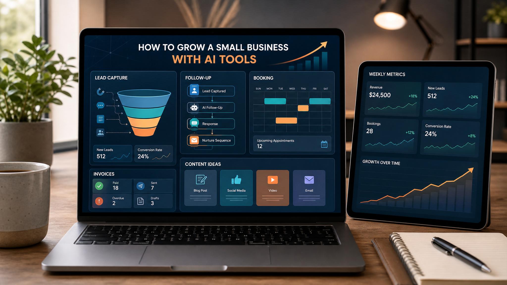 Small business AI growth dashboard showing lead capture, booking, invoicing, follow-up, reviews, and weekly owner metrics
