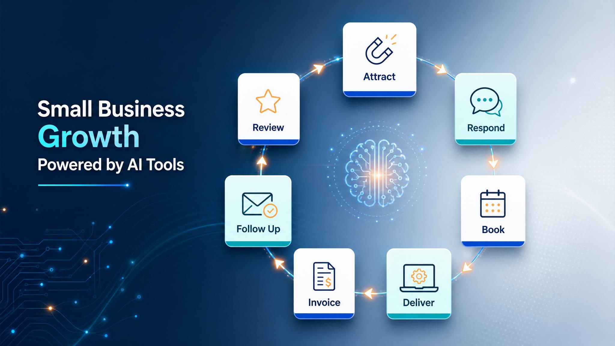 Small business AI growth dashboard showing lead capture, booking, invoicing, follow-up, reviews, and weekly owner metrics workflow visual