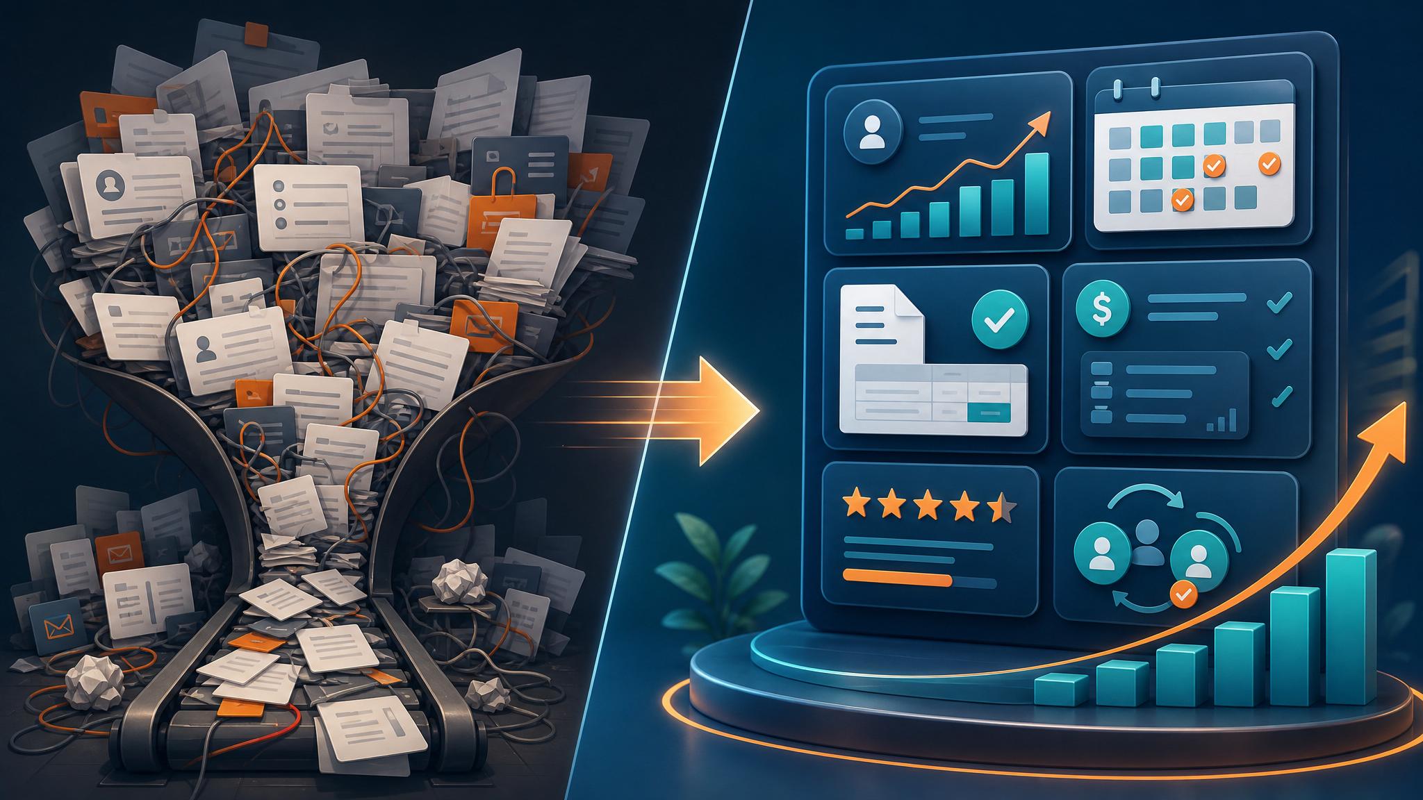 Small business AI growth dashboard showing lead capture, booking, invoicing, follow-up, reviews, and weekly owner metrics practical implementation visual
