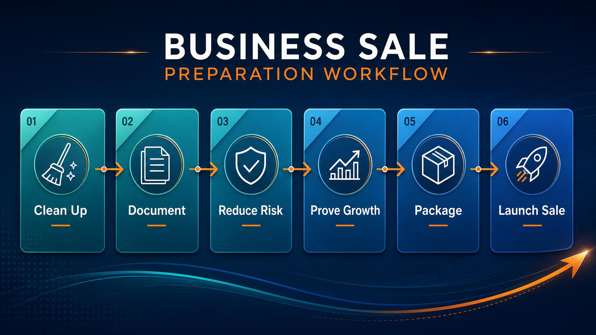 Business sale preparation dashboard showing financial cleanup, SOPs, customer proof, risk fixes, buyer materials, and launch plan workflow visual