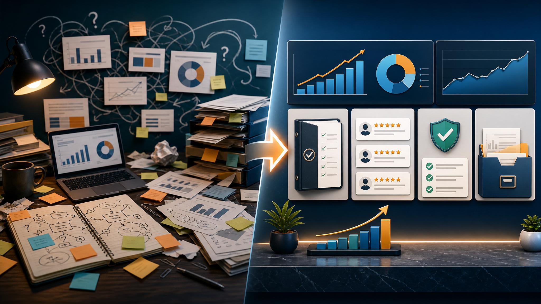 Business sale preparation dashboard showing financial cleanup, SOPs, customer proof, risk fixes, buyer materials, and launch plan practical implementation visual
