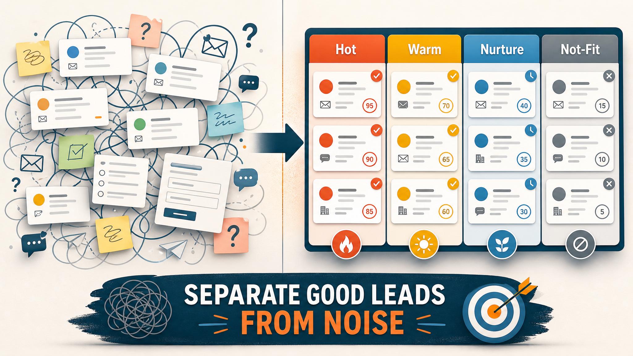 Before and after view of messy inquiries organized into a lead qualification board