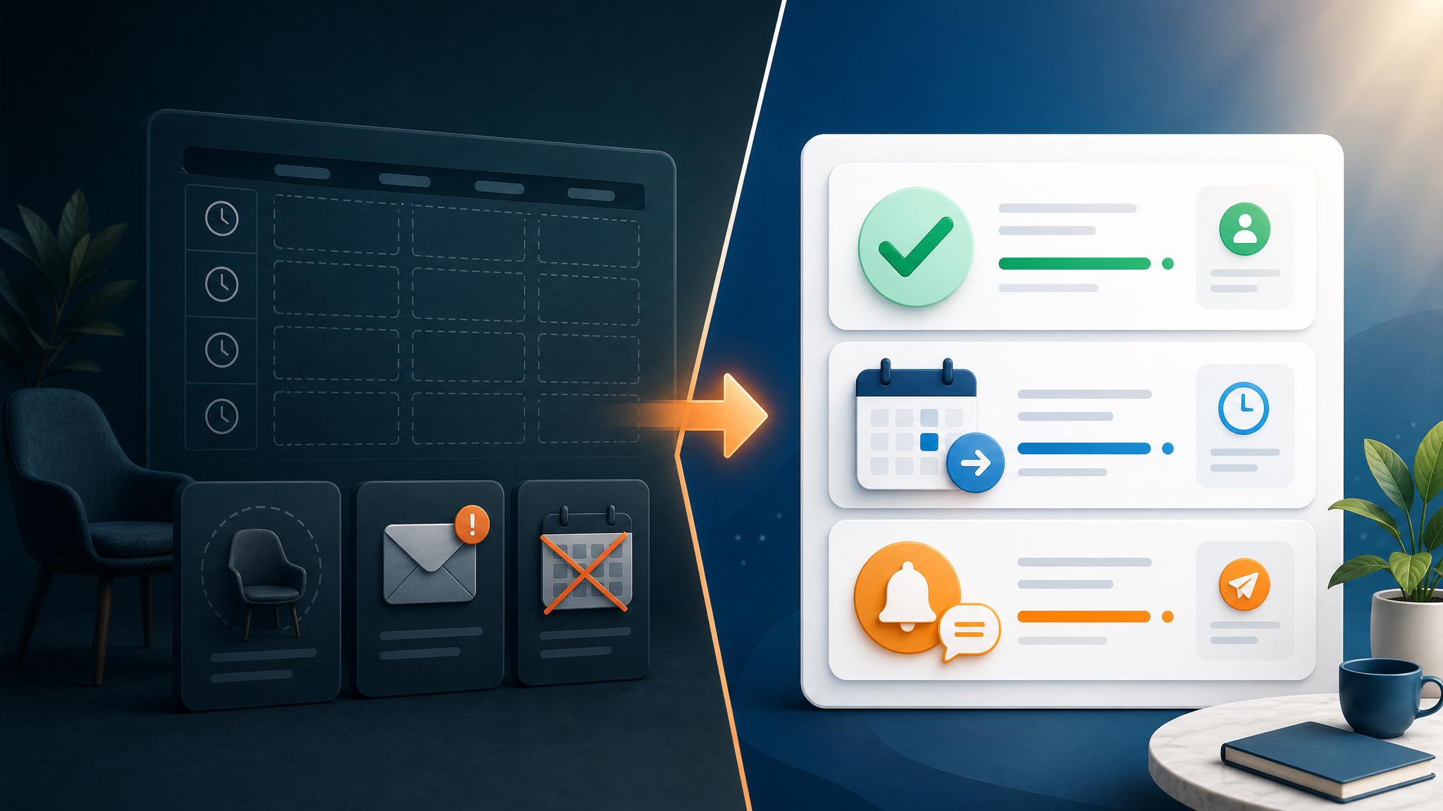 Before and after view of missed appointment notes replaced by an automated confirmation dashboard