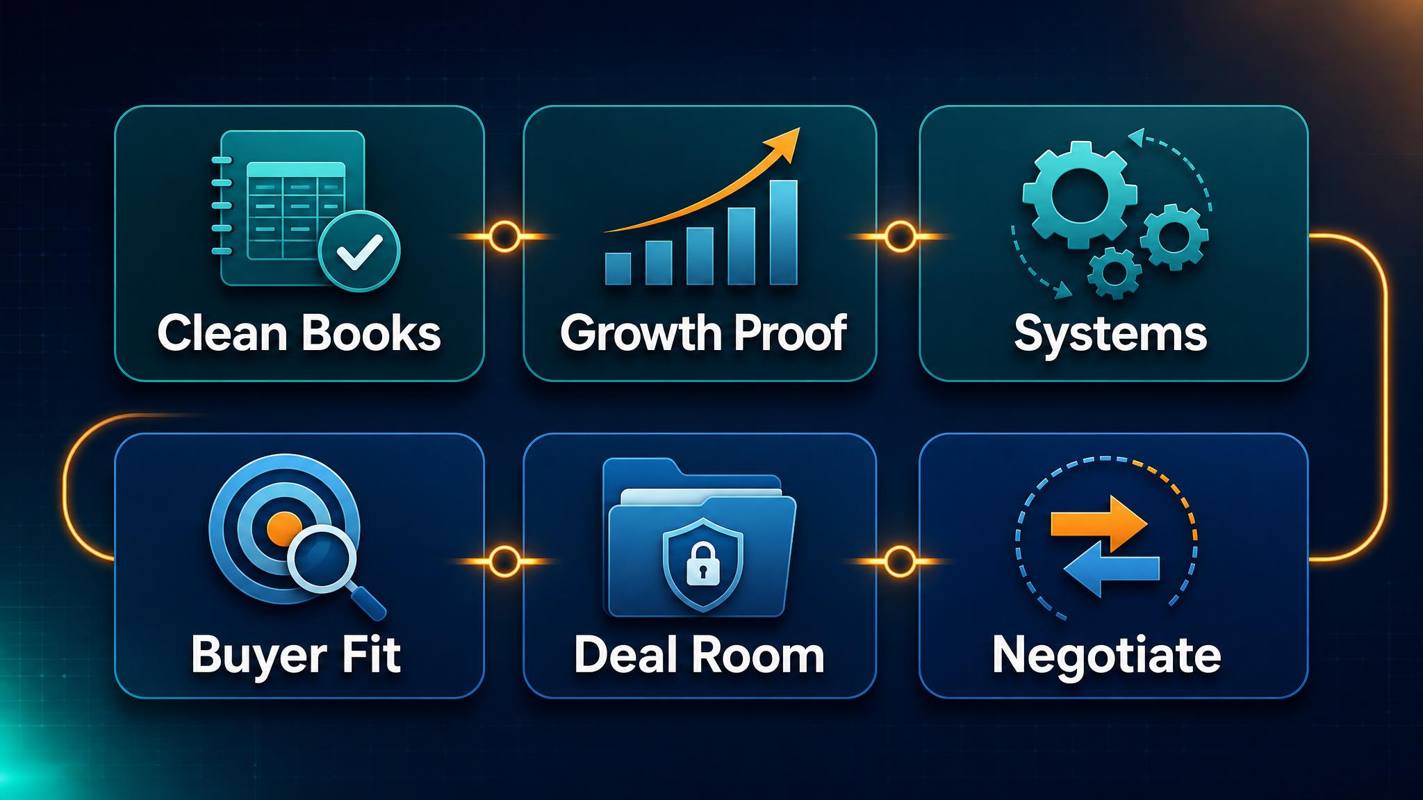 Online business sale dashboard showing clean books, growth proof, systems, buyer fit, deal room, and valuation workflow visual