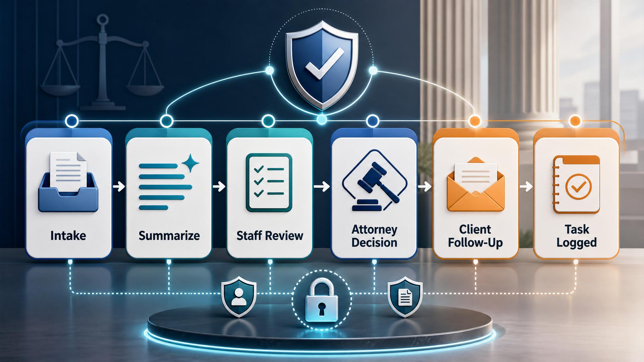 Law firm AI workflow from intake to staff review, attorney decision, client follow-up, and task logging
