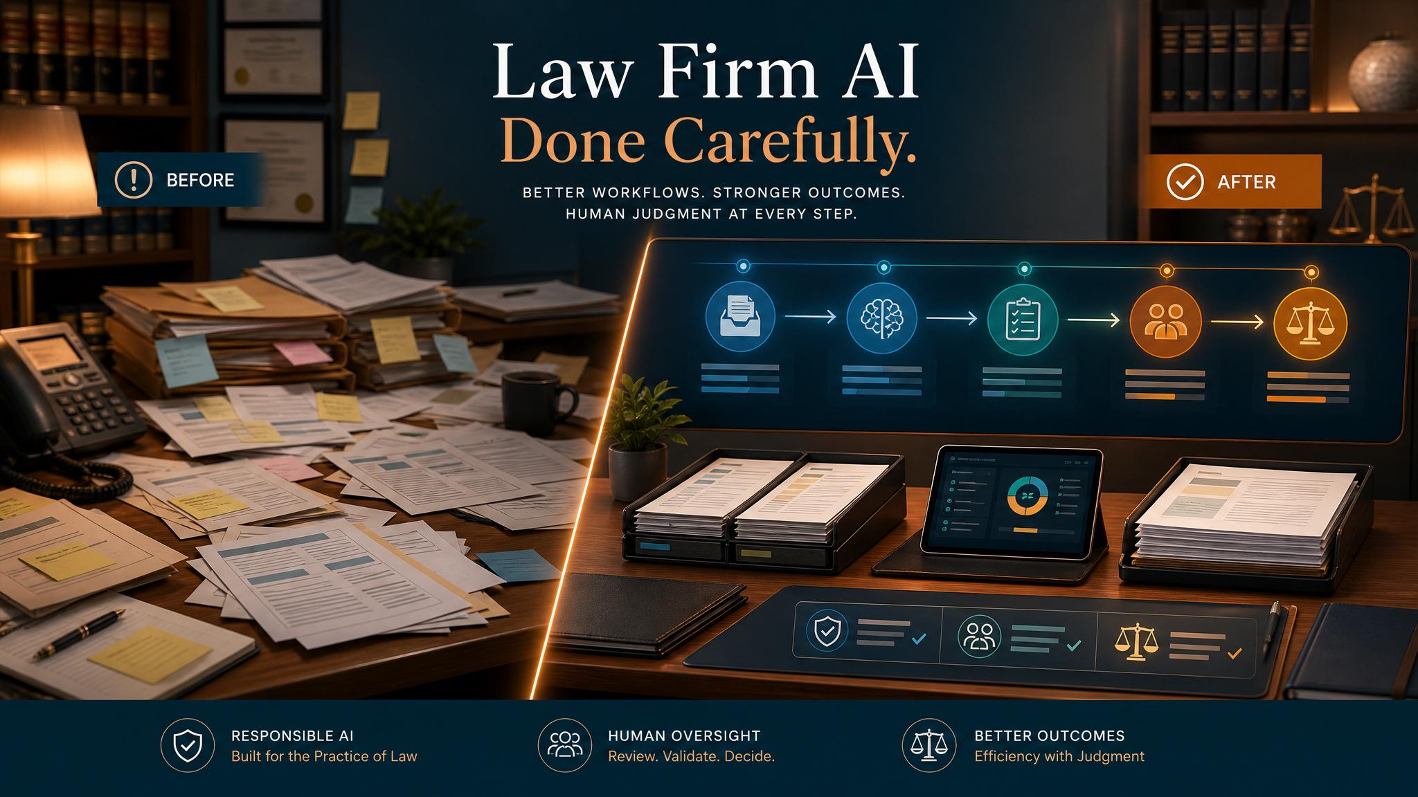 Before and after view of law firm intake notes organized into a reviewed AI workflow dashboard