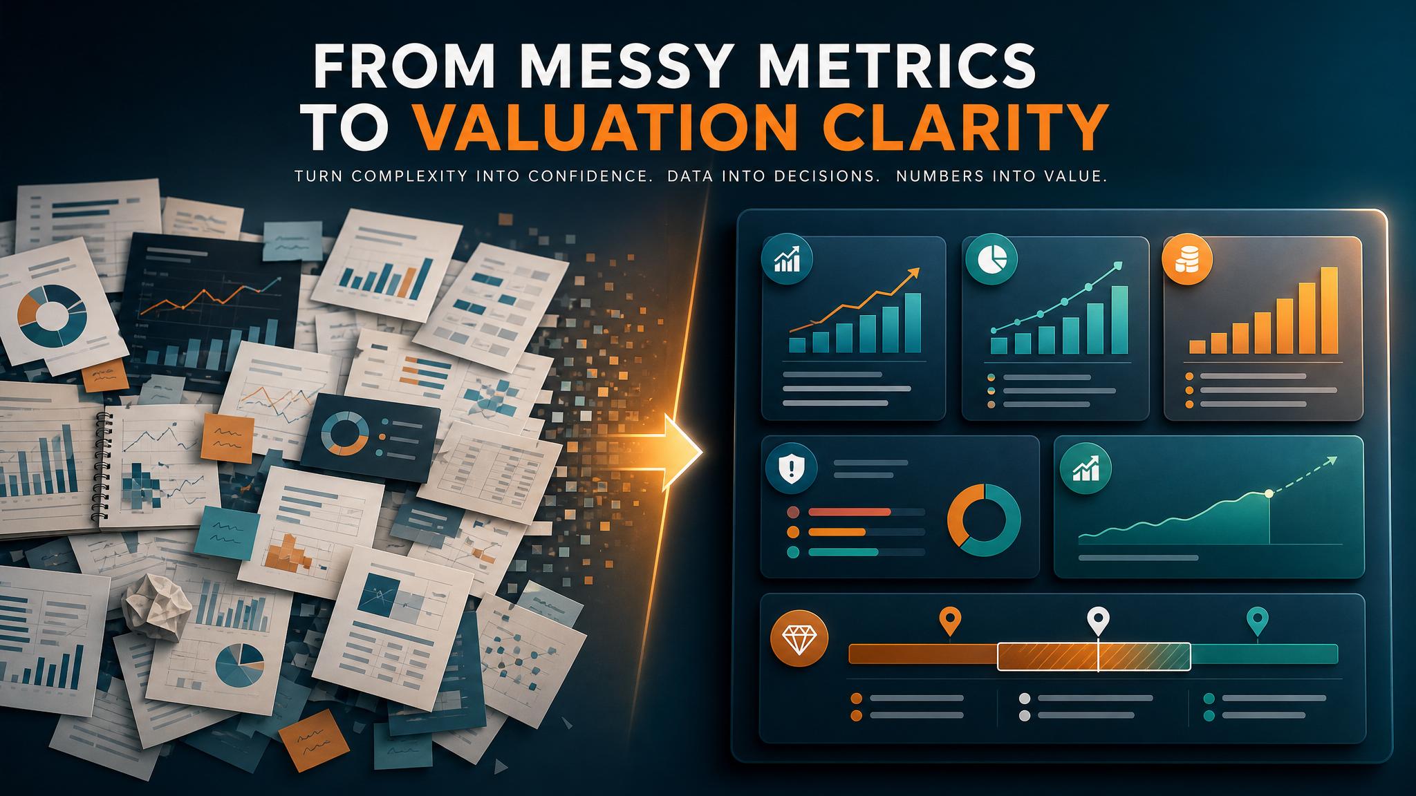 Online business valuation dashboard showing revenue, profit, growth, risk, workload, buyer fit, and valuation range practical implementation visual