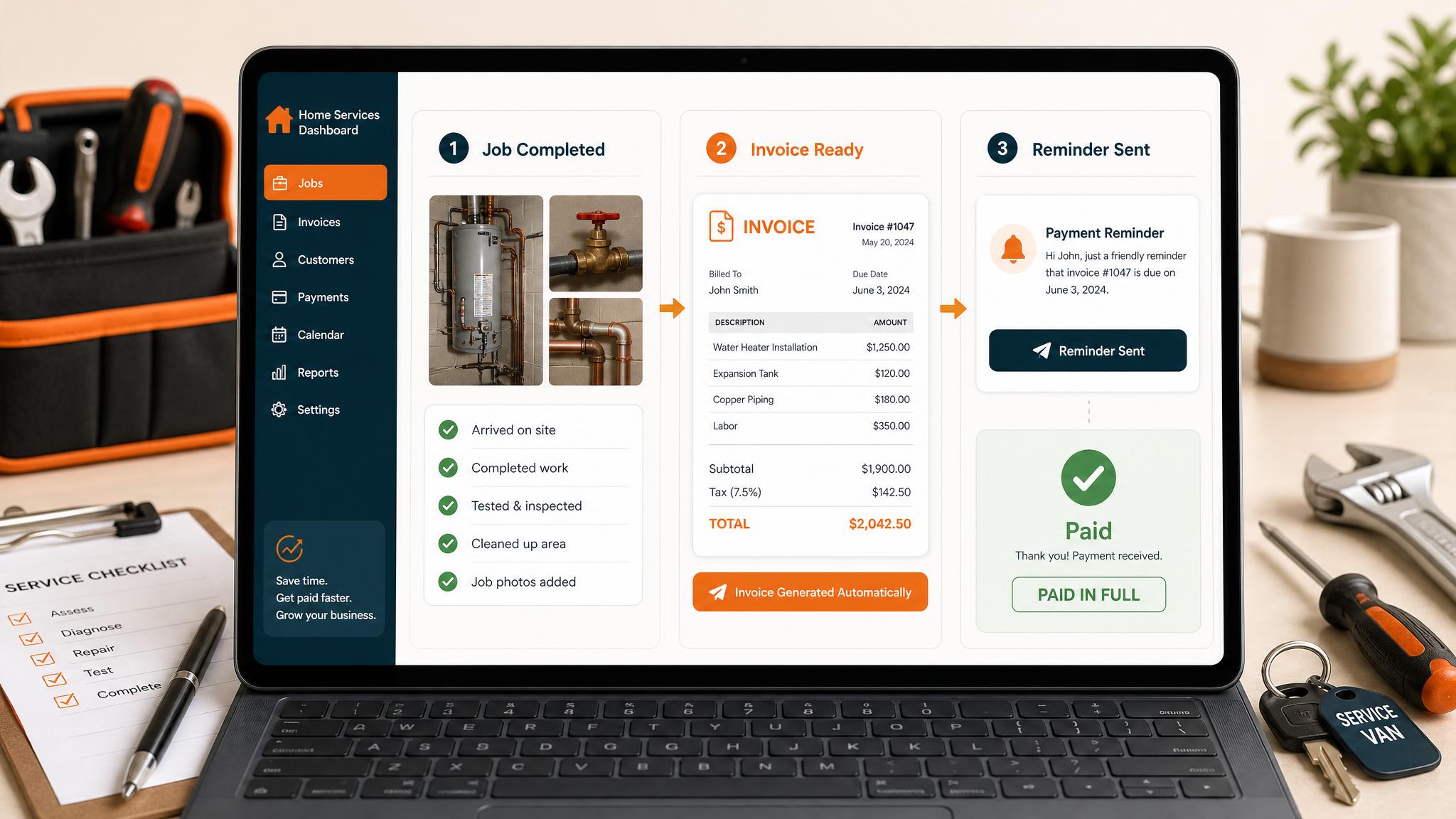Home service invoice automation workflow from completed job to paid invoice
