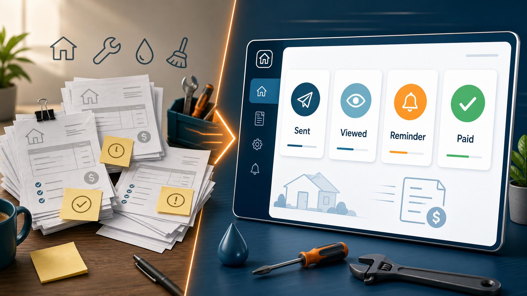 Before and after view of manual invoicing replaced by an automated billing dashboard