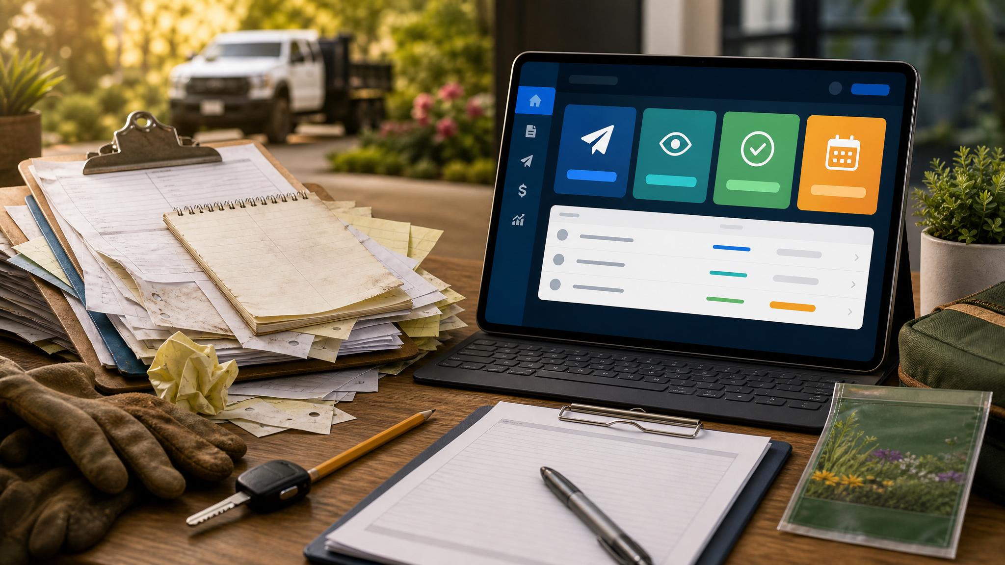Before and after view of landscaper paperwork replaced by an automated billing dashboard