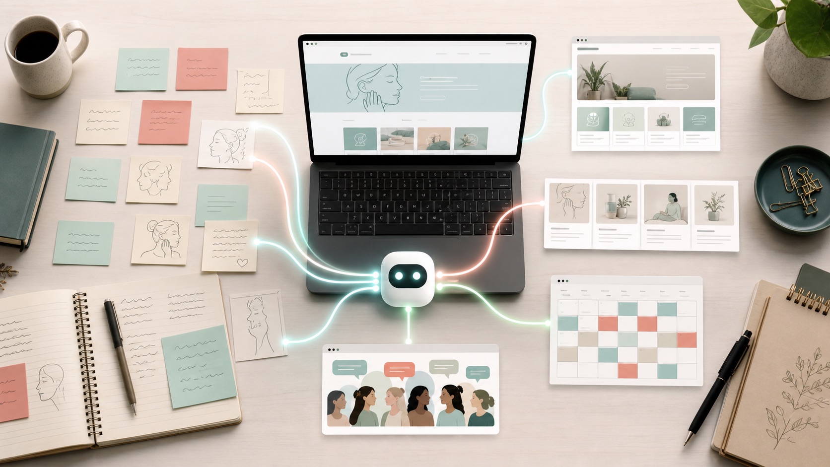 AI agents organizing TMJ notes, website pages, content ideas, and community pieces into a small business system