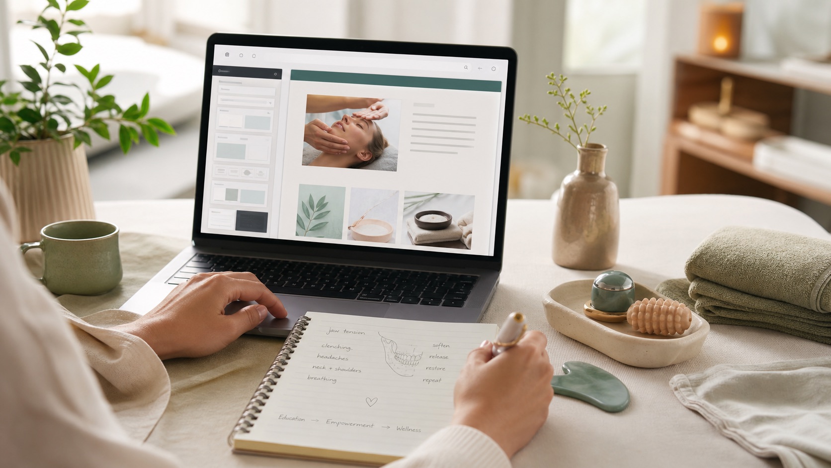 A calm facial wellness workspace with notes, massage tools, and a laptop showing a wellness website being built with AI support