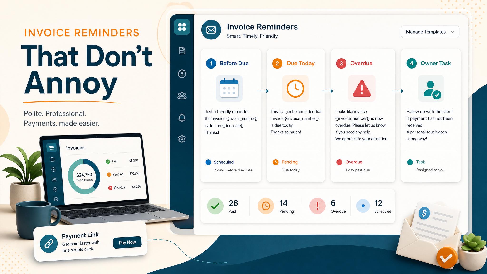 Friendly invoice reminder message workflow with payment link and customer follow-up status
