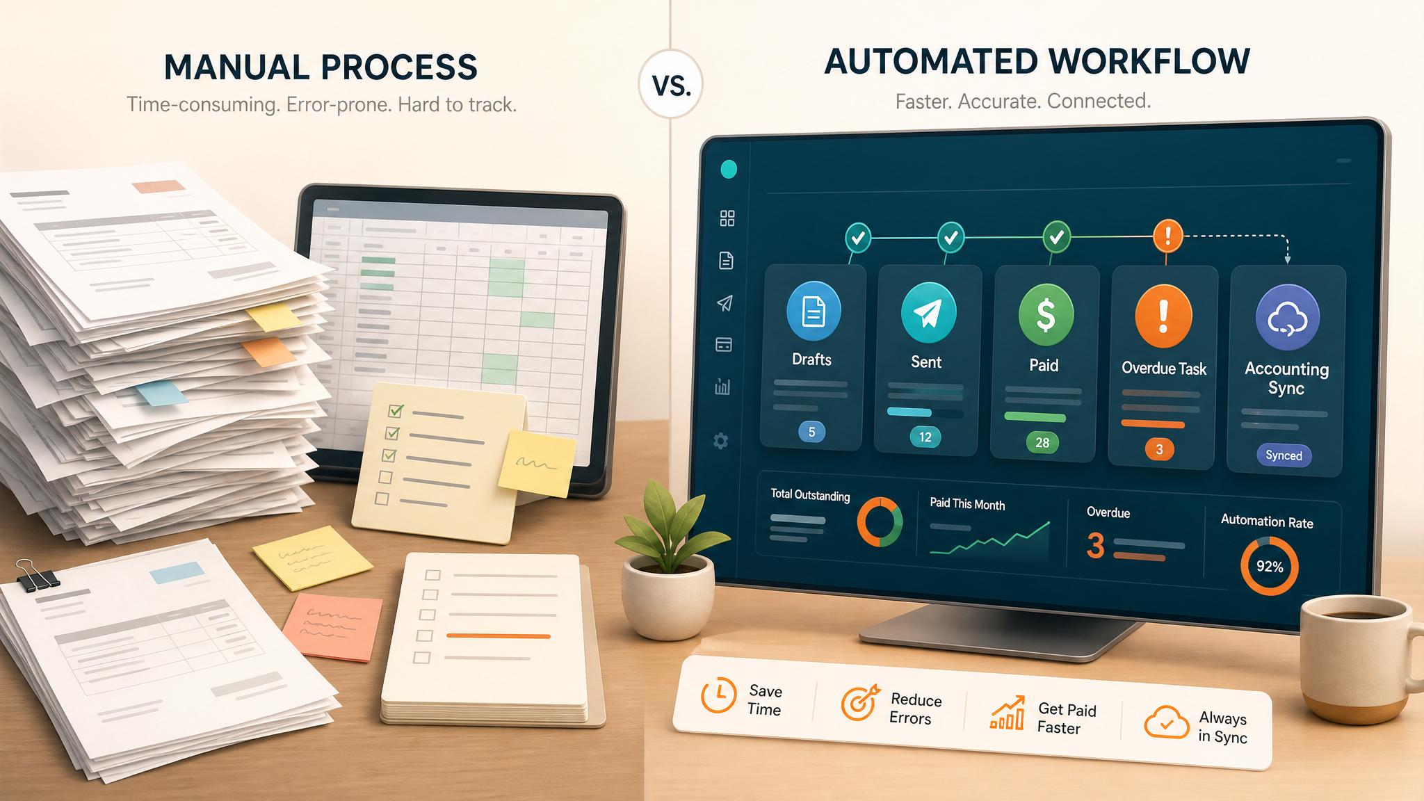 Manual invoice spreadsheet compared with an automated accounting invoice dashboard