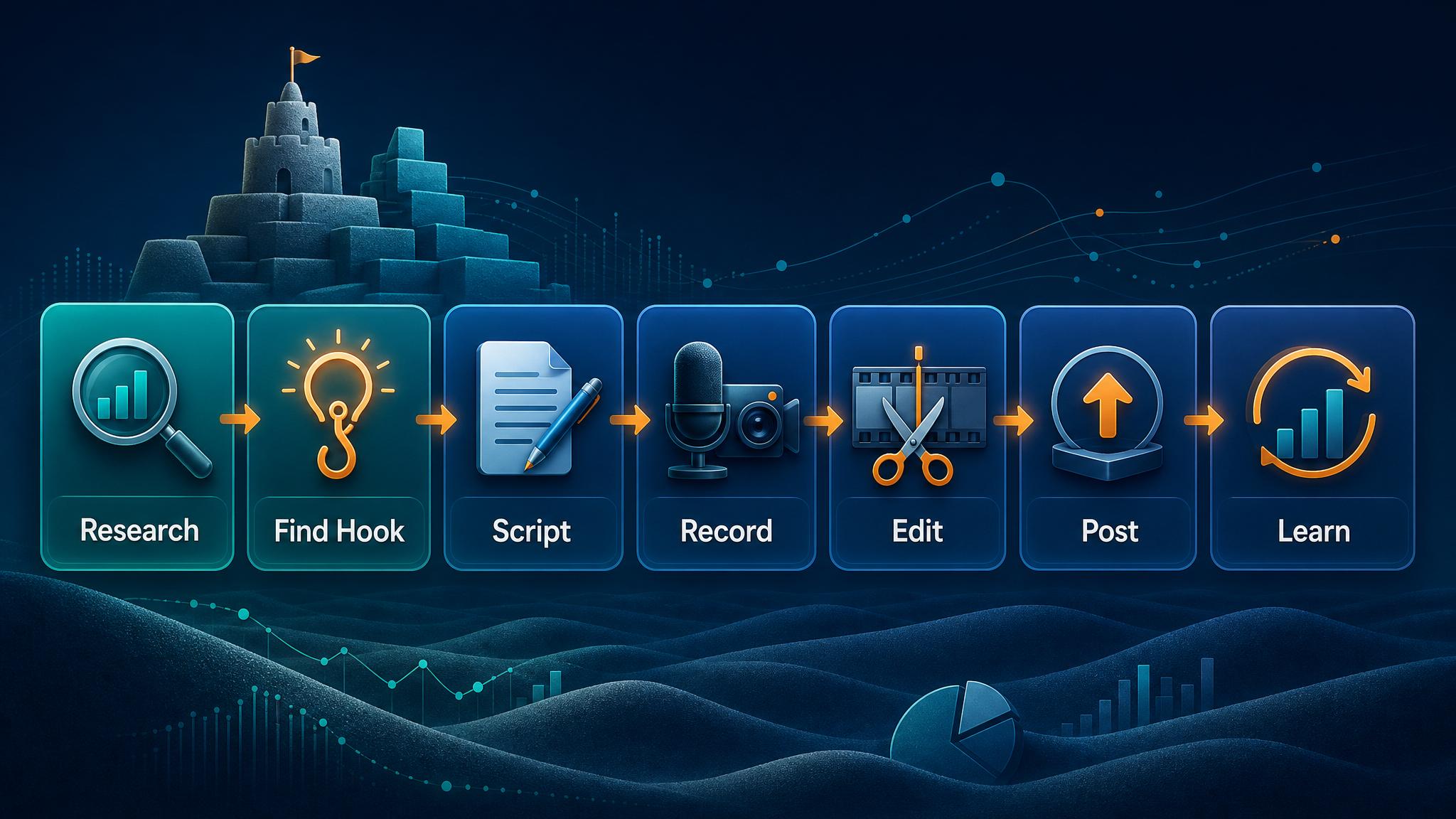 Short-form content research dashboard showing viral research, hooks, scripts, recording checklist, editing plan, publishing calendar, and learning loop workflow visual