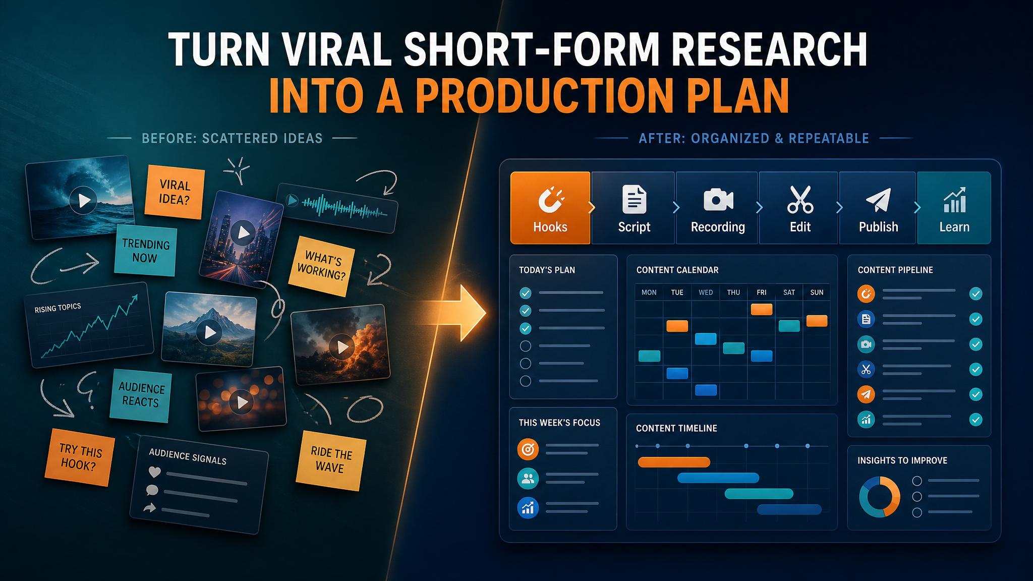Short-form content research dashboard showing viral research, hooks, scripts, recording checklist, editing plan, publishing calendar, and learning loop practical implementation visual