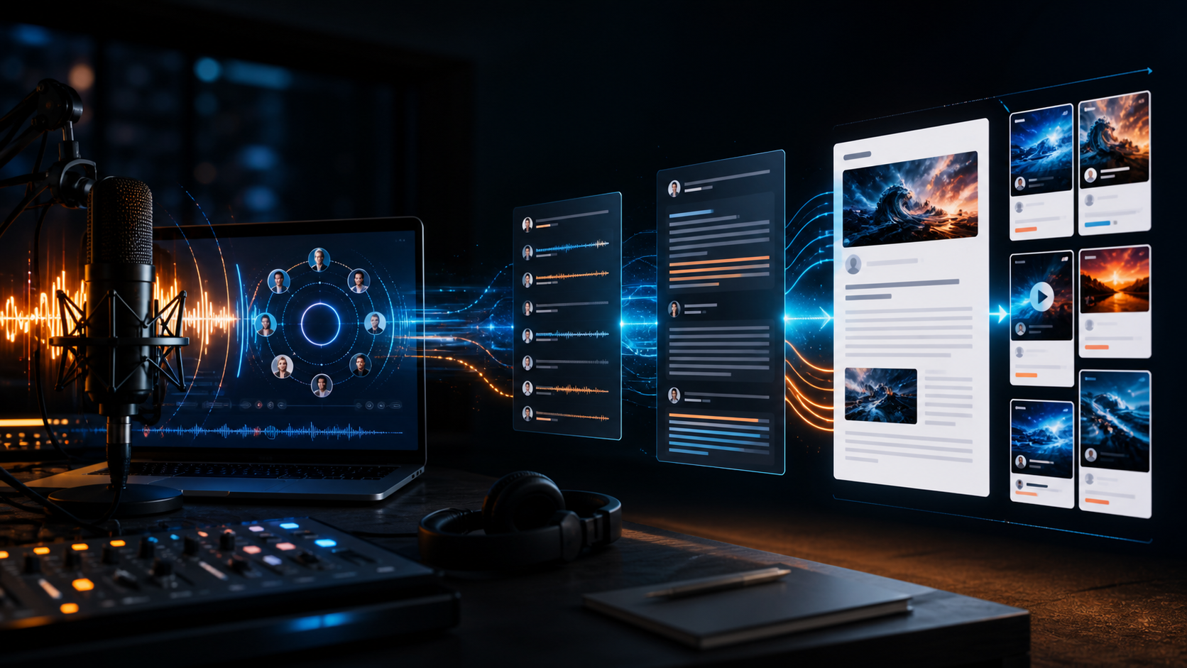 Audio studio control room showing live social audio becoming transcripts, a blog article, and social content