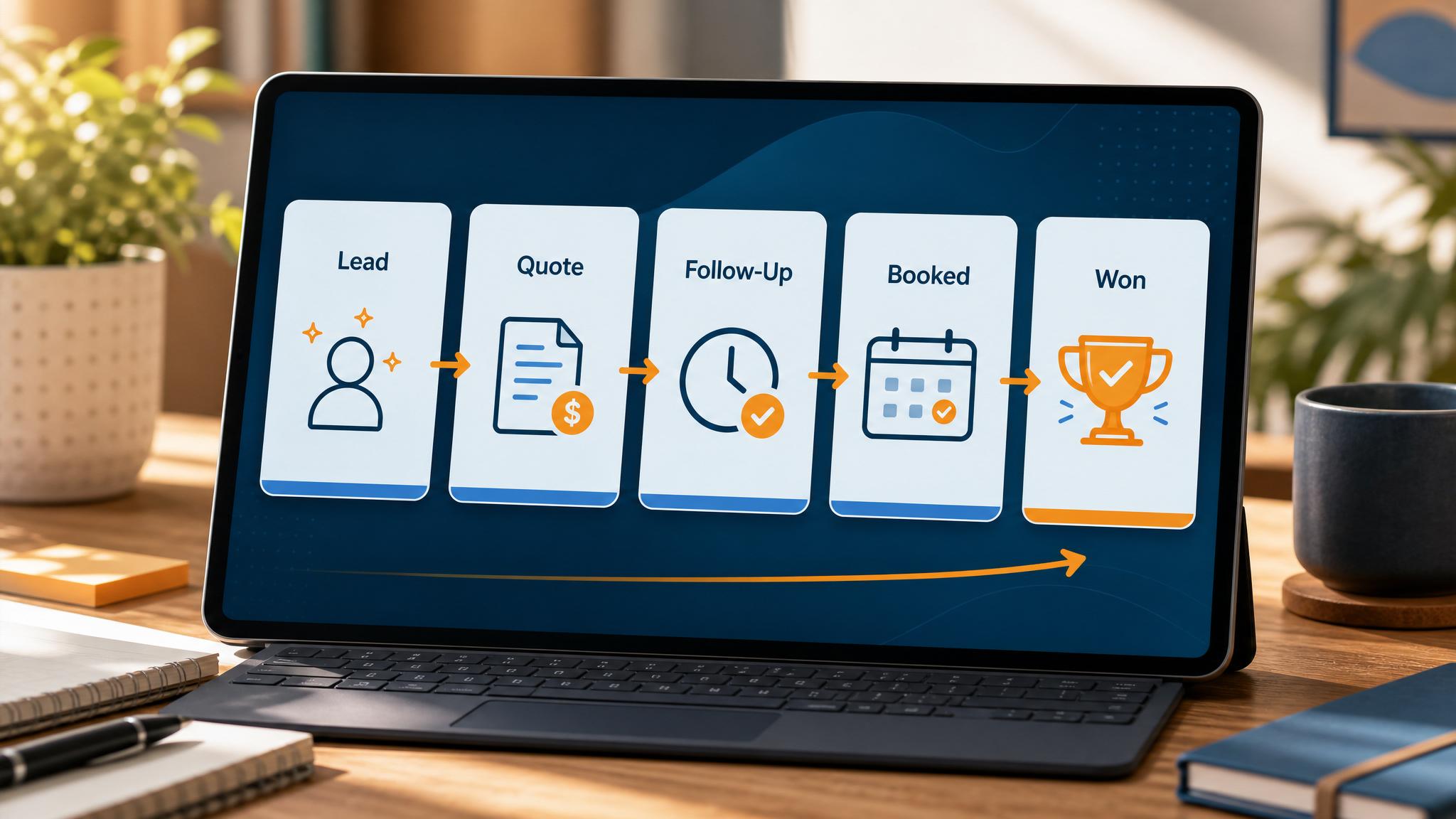 CRM pipeline workflow from new lead to quote, follow-up, booked job, and won deal